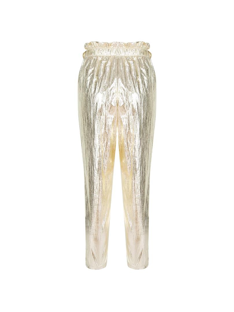 Glitter Paraşüt Kumaş Fermuar Detaylı Pantolon - Gold