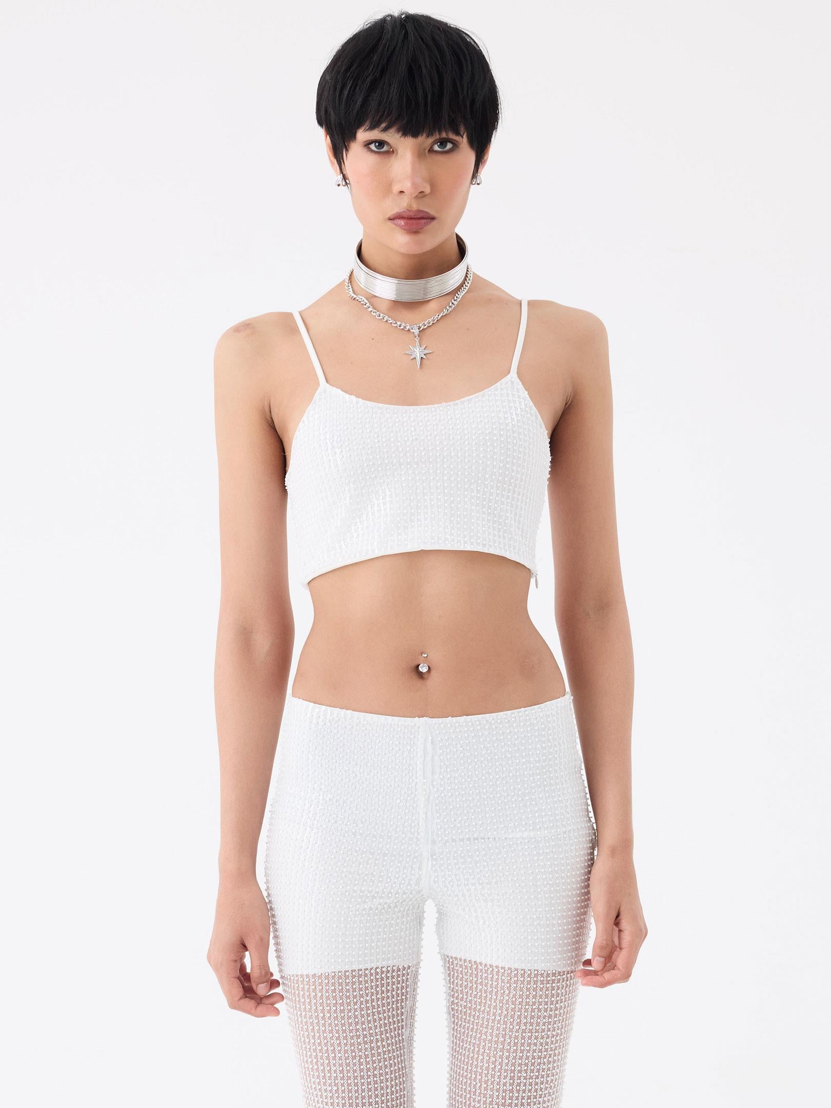 İnce Ayarlanabilir Askılı Payetli Crop Bluz - Ekru Bluz Modelleri