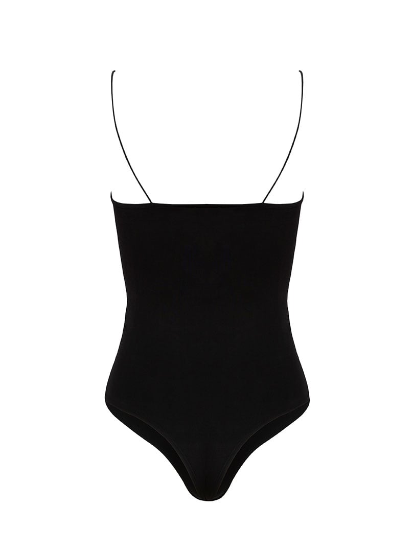 İp Askılı Degaje Yaka Kristal Taşlı Bodysuit - Siyah