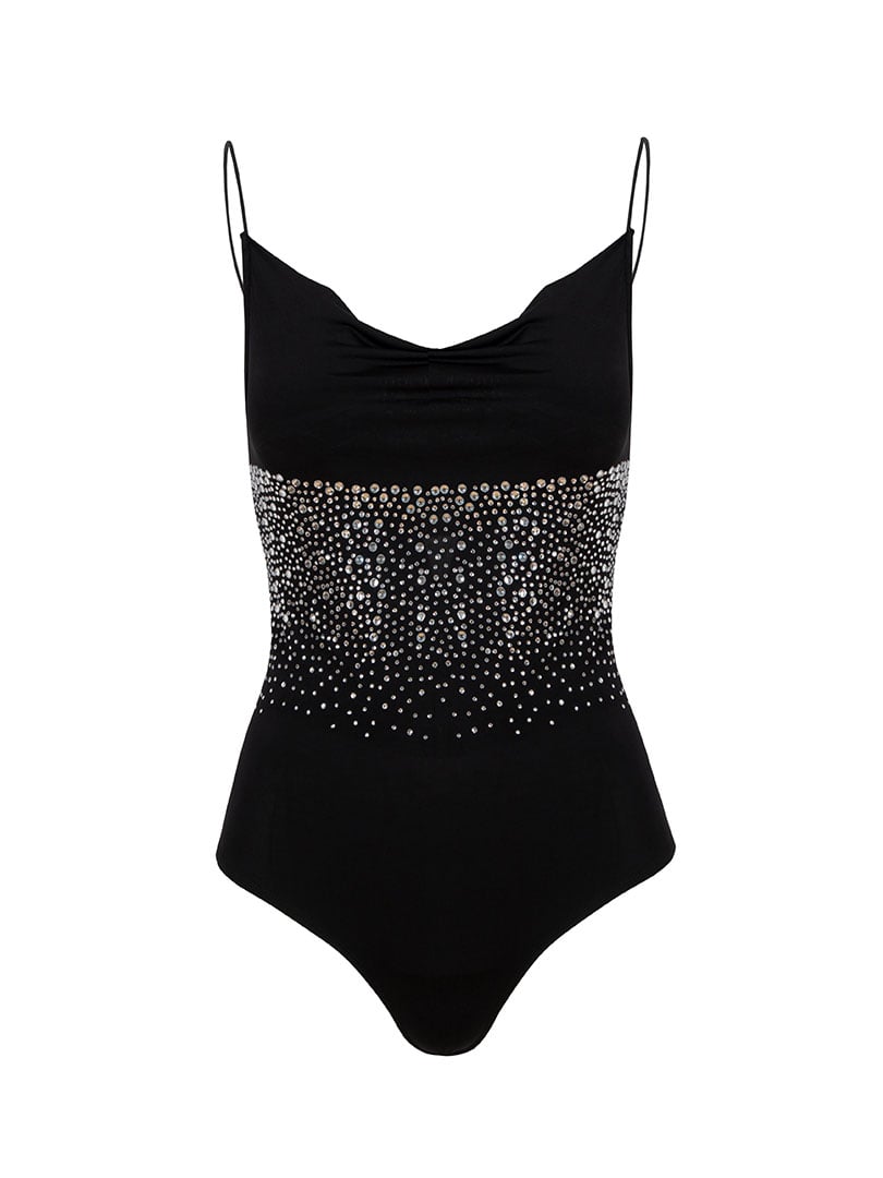 İp Askılı Degaje Yaka Kristal Taşlı Bodysuit - Siyah