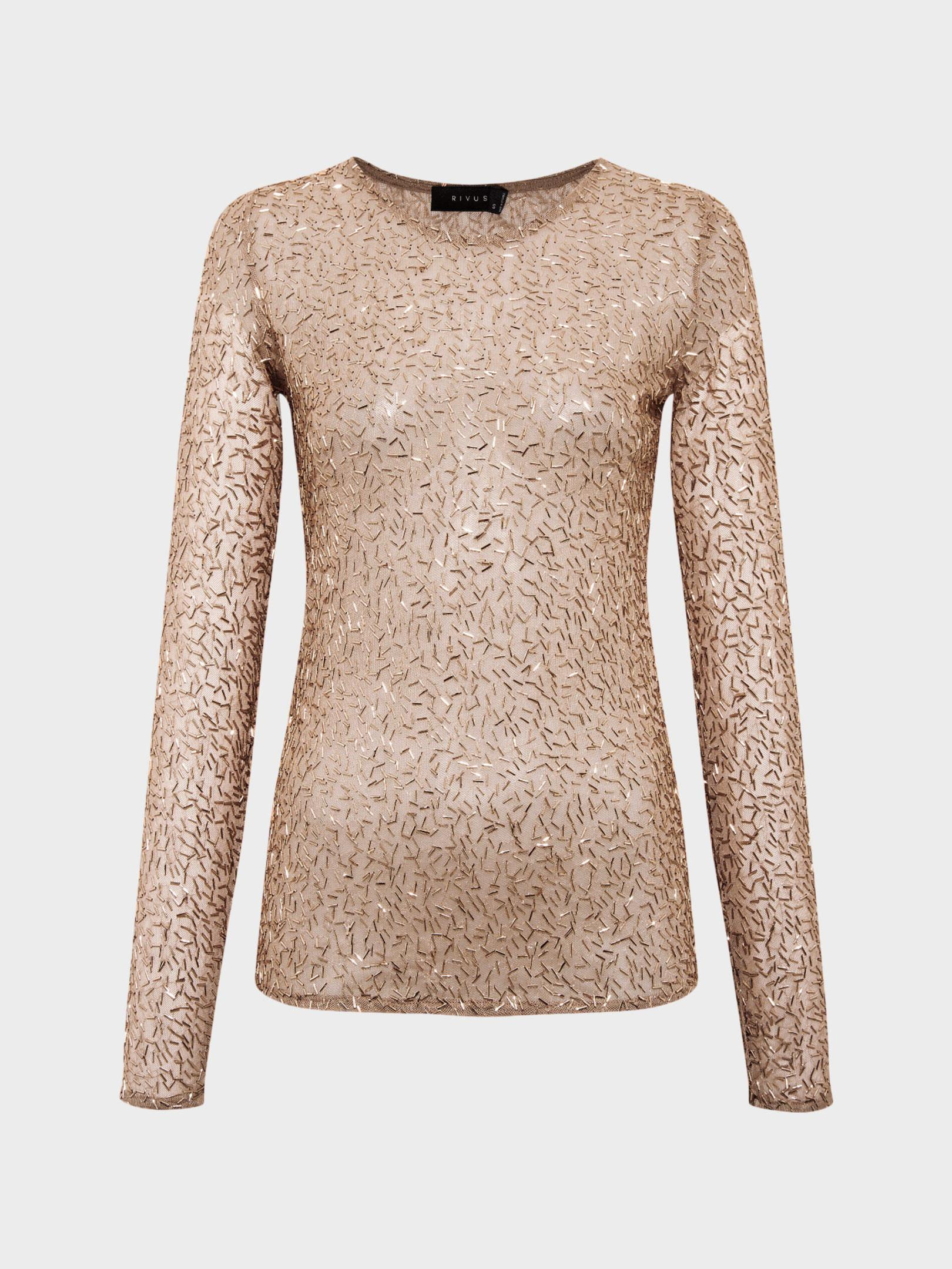 Kadın, Bayan Bisiklet Yaka Boncuk Taş Detaylı  Uzun Kollu Transparan Bluz - Bakır Bluz Modelleri