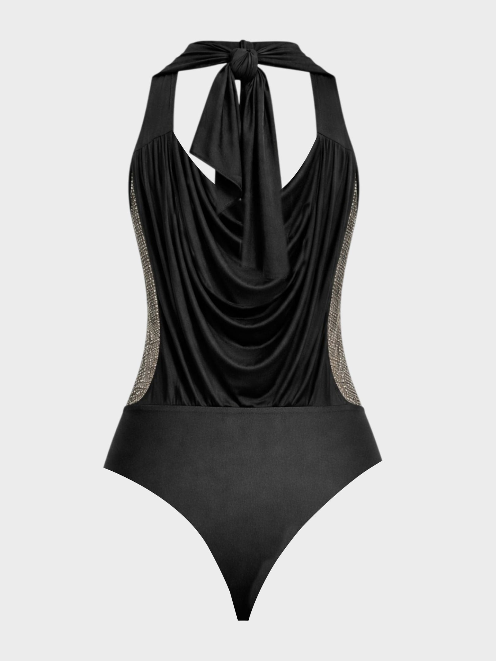 Kadın, Bayan Boyundan Bağlamalı Sırtı Açık ve Önü Taşlı Alttan Çıtçıtlı Body - Siyah Body Modelleri