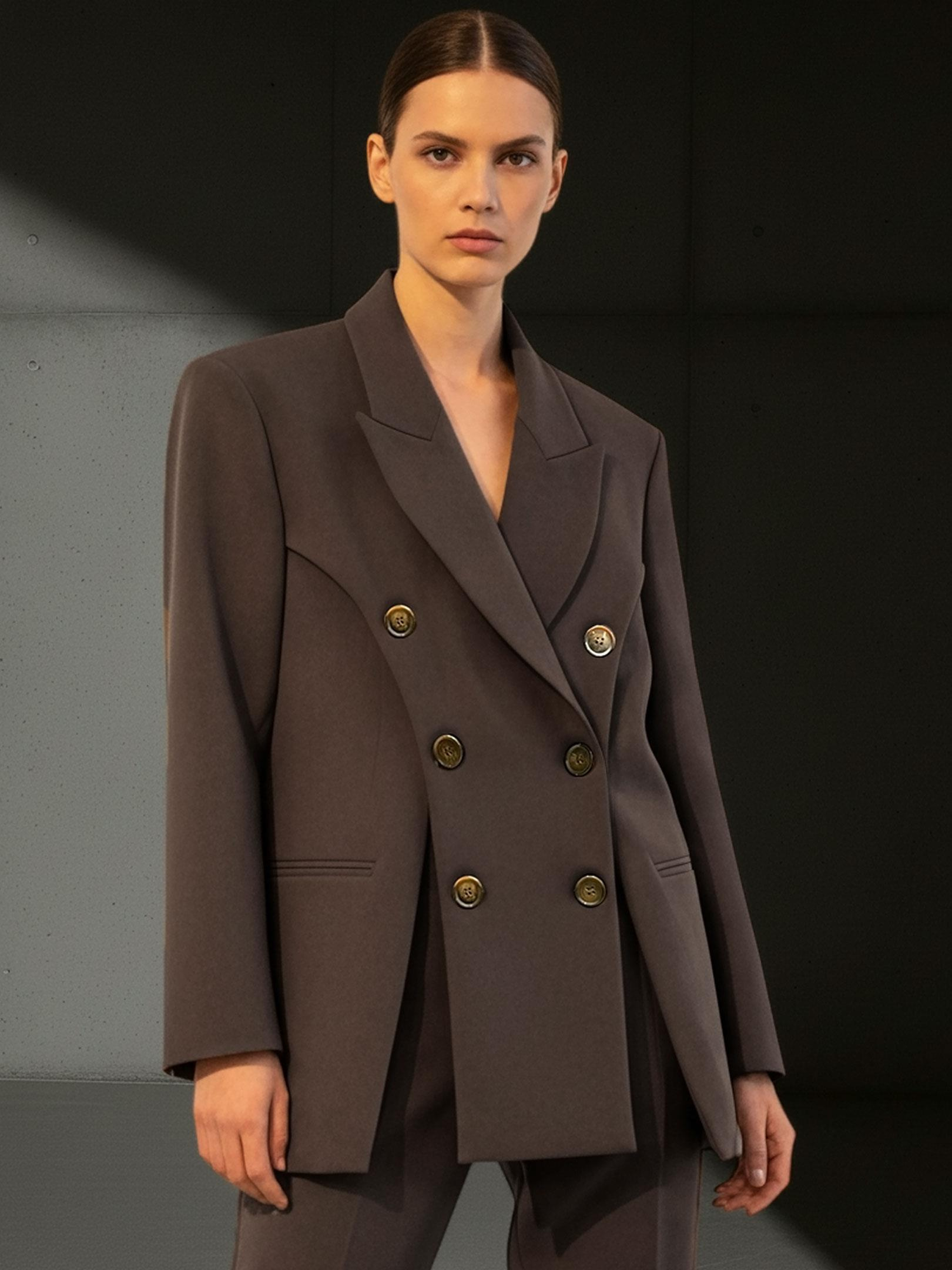 Kadın, Bayan Çift Düğmeli ve Önü Yırtmaç Detaylı Blazer Ceket - Kahve Ceket Modelleri