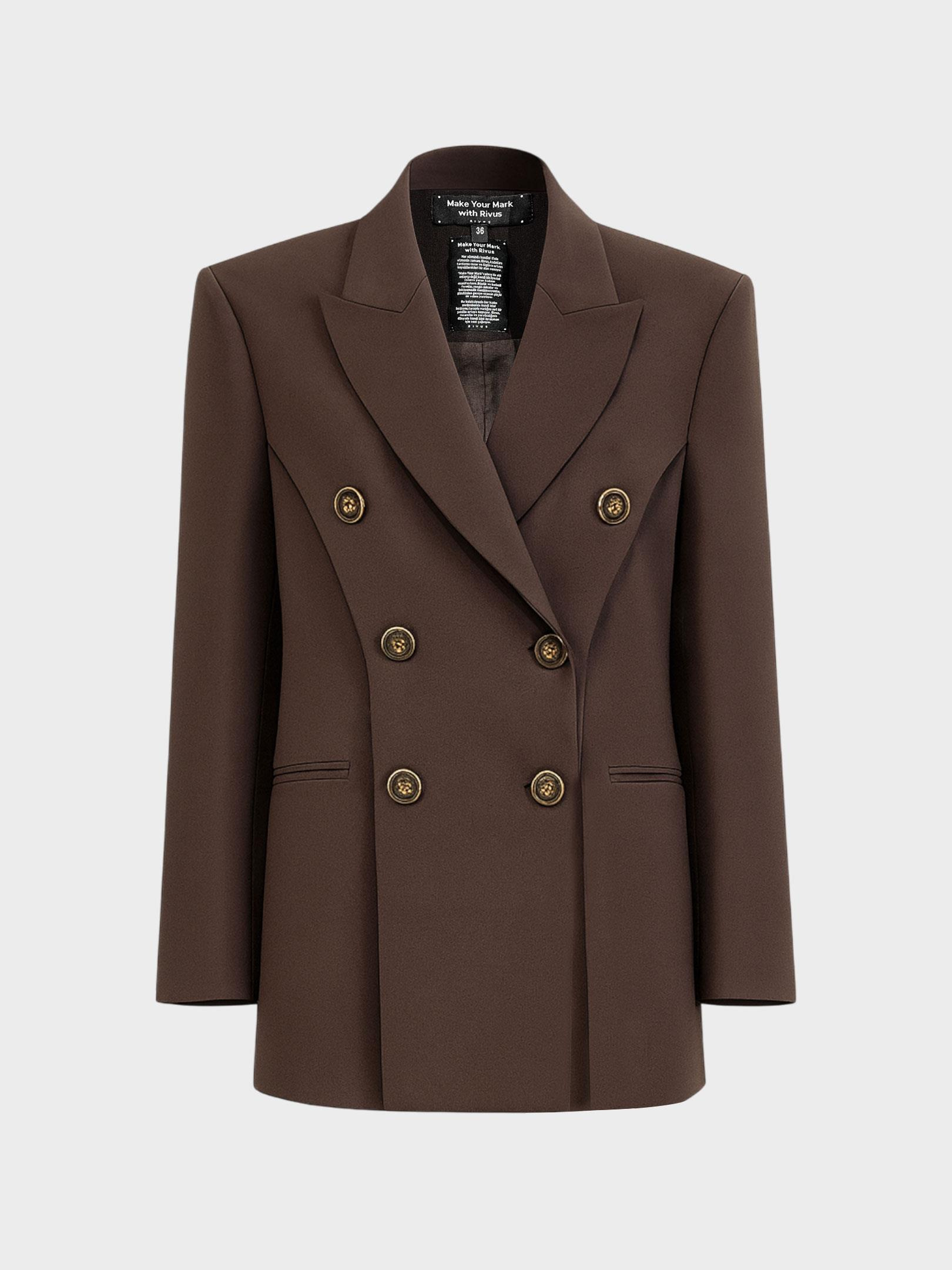 Kadın, Bayan Çift Düğmeli ve Önü Yırtmaç Detaylı Blazer Ceket - Kahve Ceket Modelleri