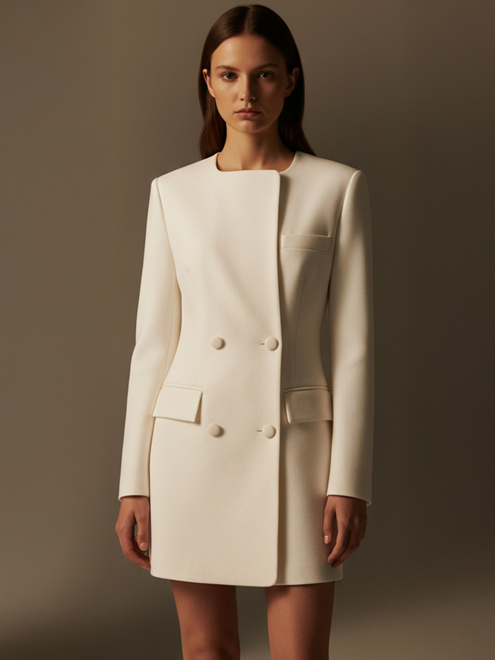 Kadın, Bayan Düğme Detaylı ve Dik Omuzlu Ceket Elbise - Ekru Elbise Modelleri