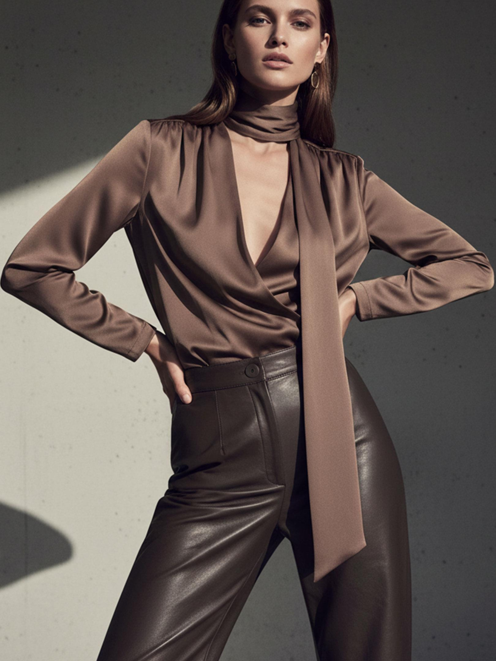 Kadın, Bayan Fular Yaka Saten Gömlek Bluz - Vizon Kategorisiz Modelleri