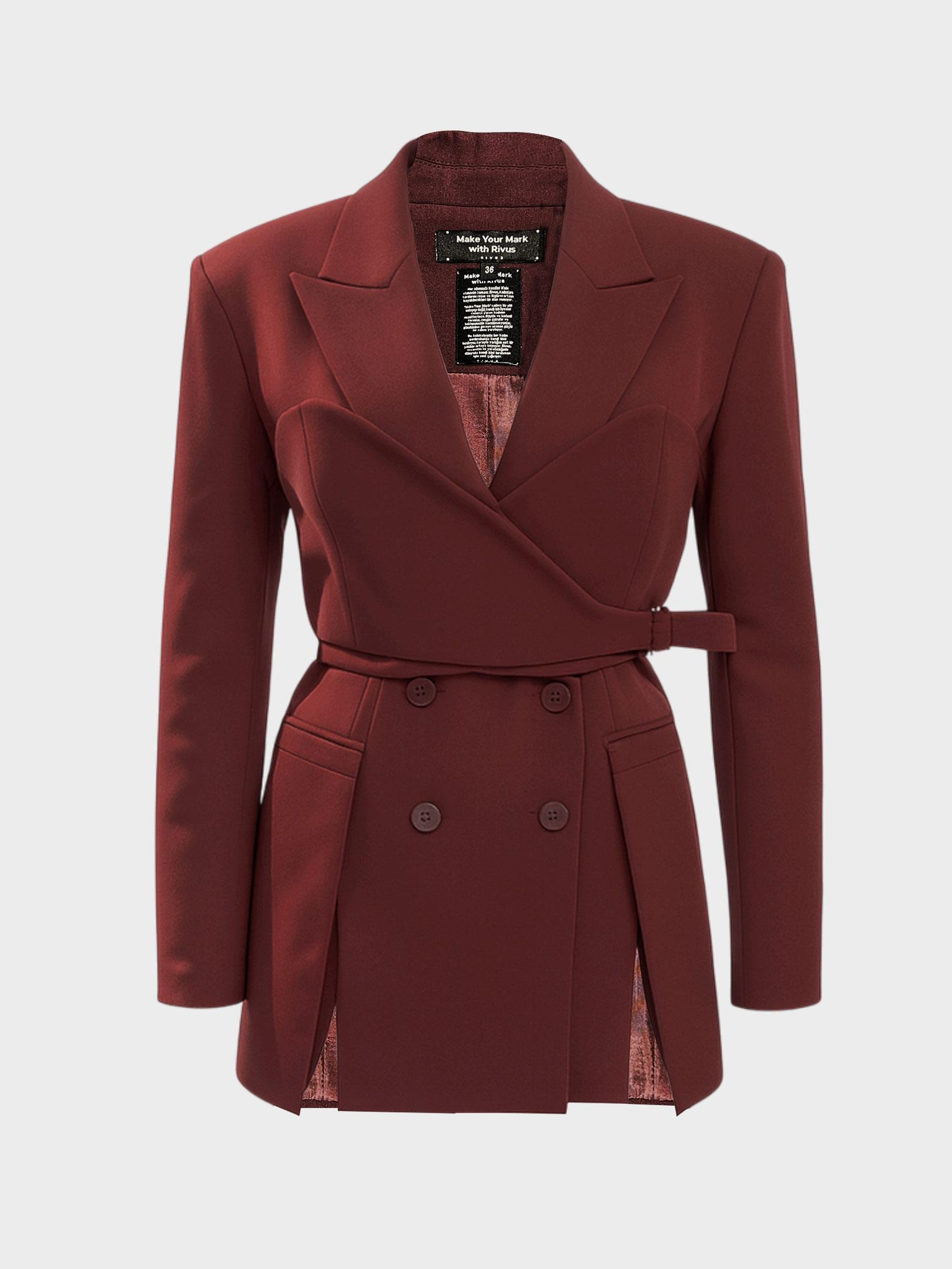 Kadın, Bayan Kuşaklı ve Modüler Büstiyer Detaylı Blazer Ceket - Bordo Ceket Modelleri
