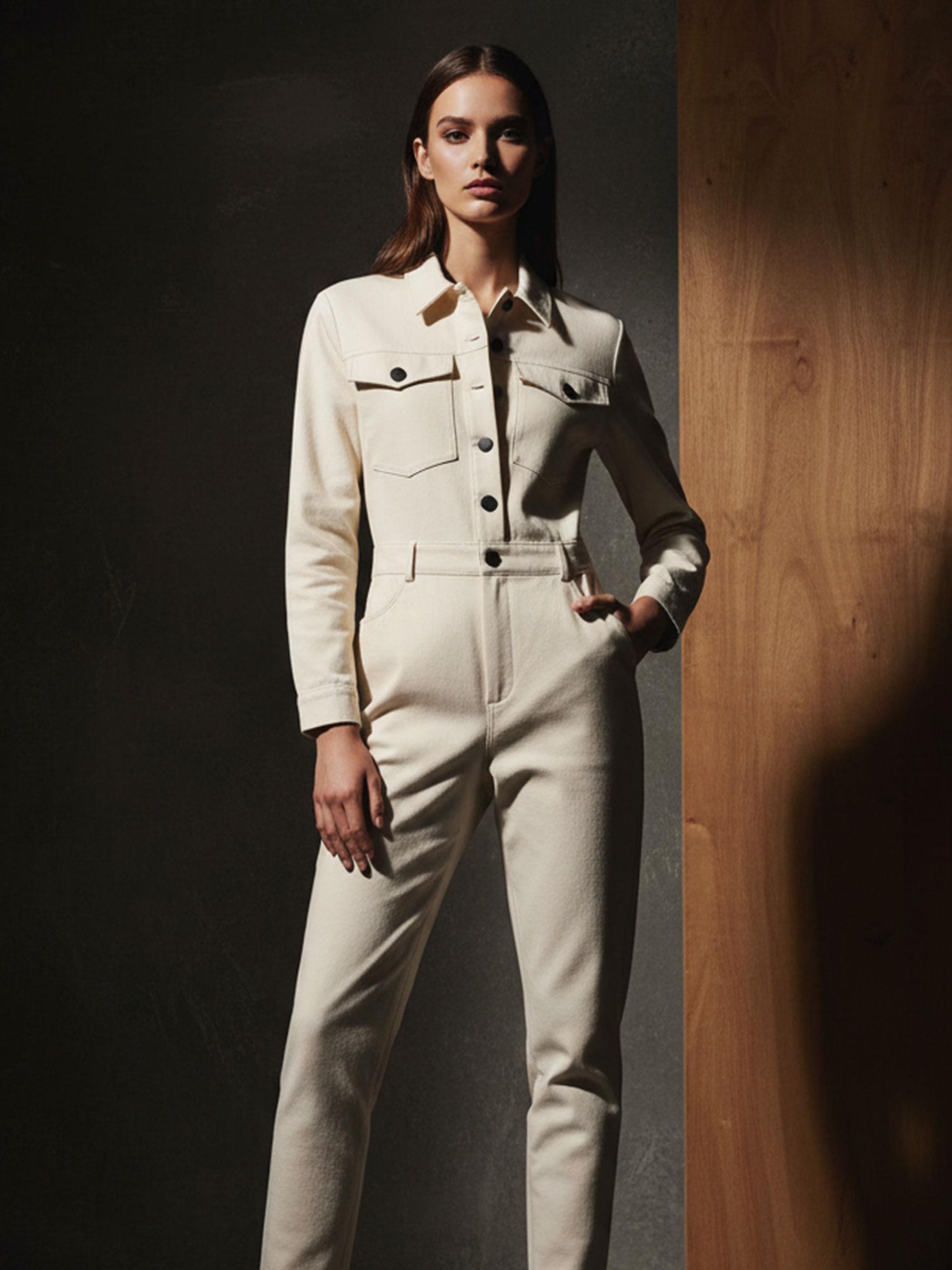 Kadın, Bayan Önü Metal Çıtçıtlı Uzun Kollu Tulum - Ekru Tulum Modelleri