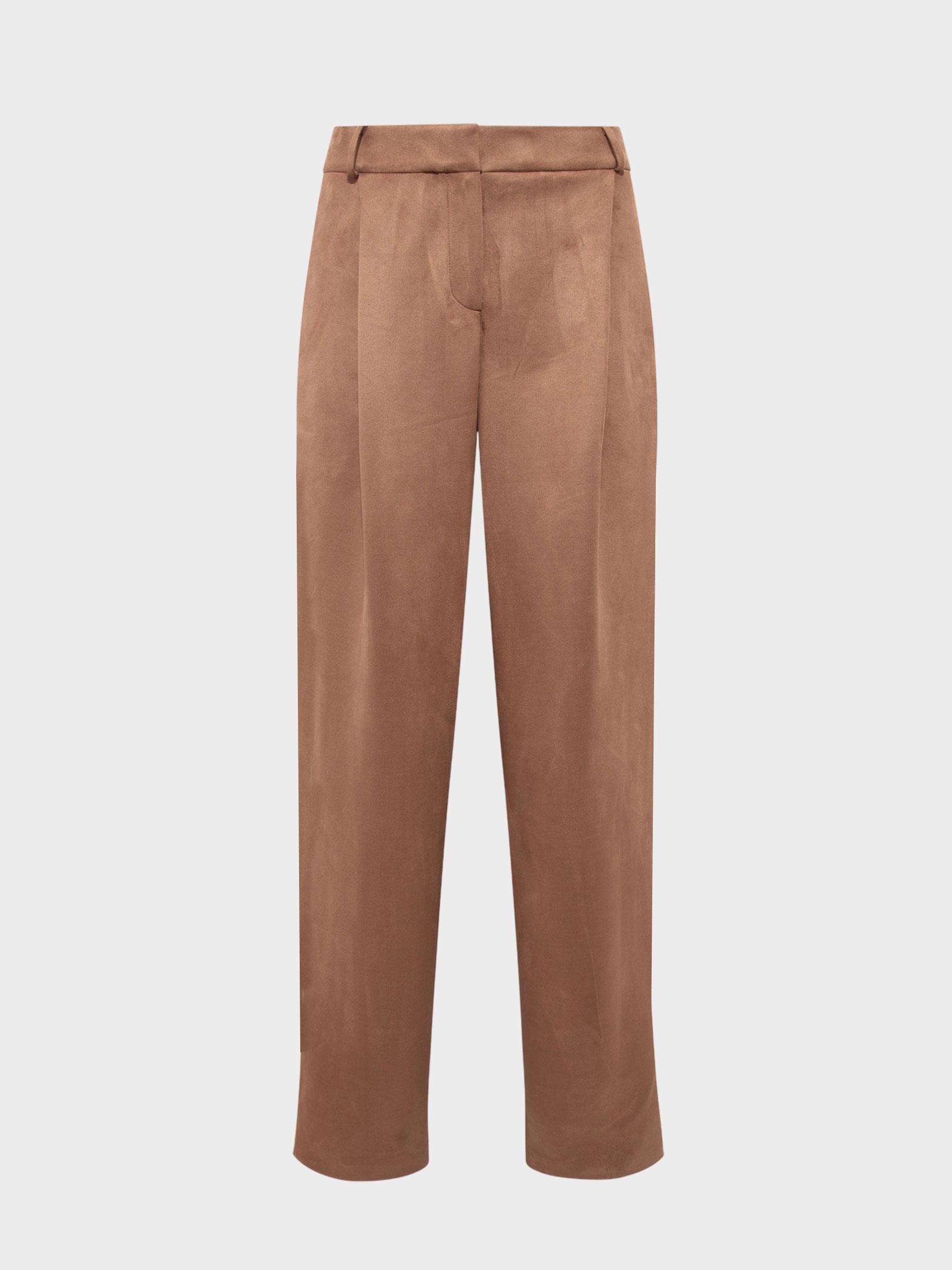 Kadın, Bayan Önü Pileli Salaş Kesim Süet Pantolon - Kahve Pantolon Modelleri