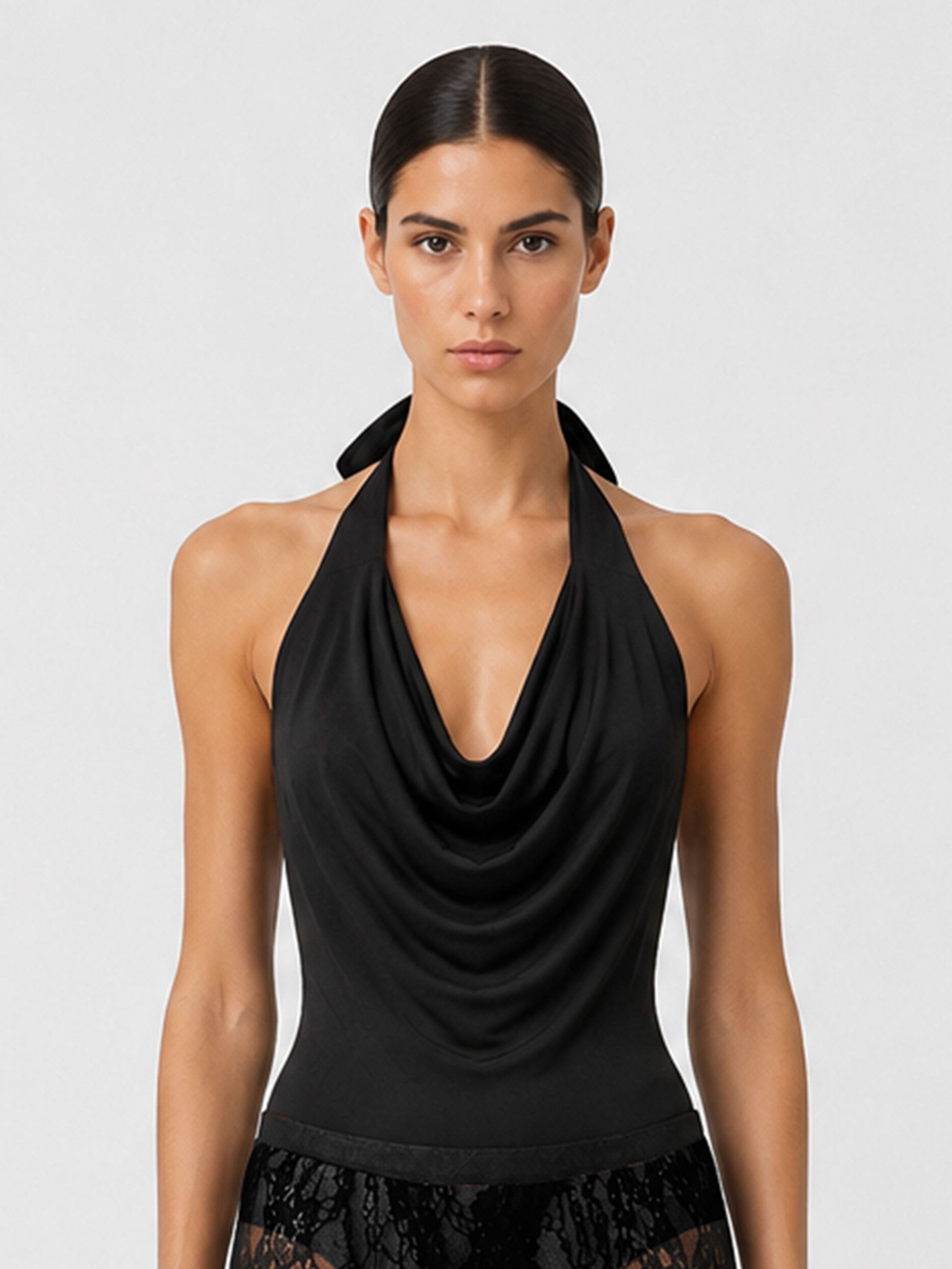 Kadın, Bayan Sırt Dekolteli Kavisli Drape Detaylı Alttan Çıtçıtlı Body - Siyah Body Modelleri