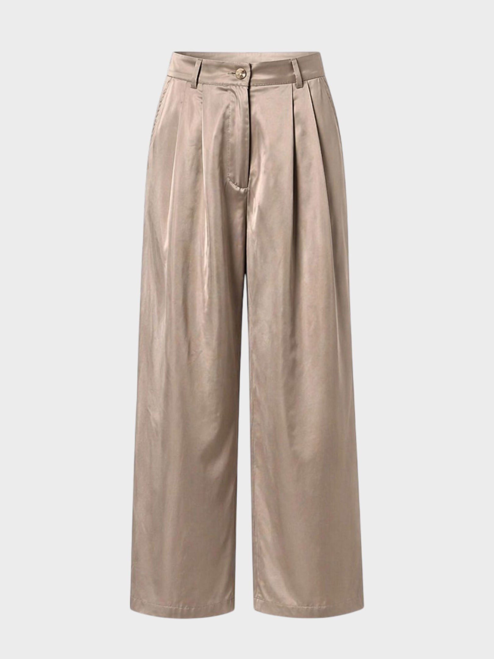 Kadın, Bayan Taffeta Kumaş Görünümlü Pile Detaylı Geniş Paça Pantolon - Haki Pantolon Modelleri