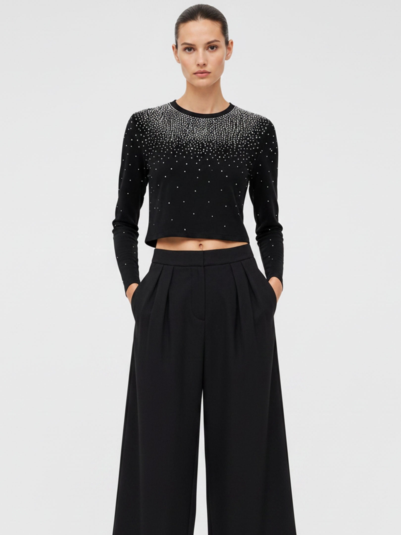 Kadın, Bayan Taş Baskı Bisiklet Yaka Crop Bluz - Siyah Bluz Modelleri