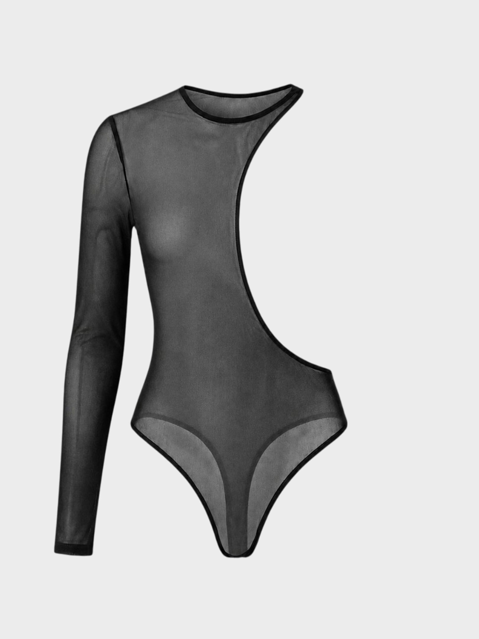 Kadın, Bayan Taş Baskılı Asimetrik Tül Katmanlı Body - Siyah Body Modelleri