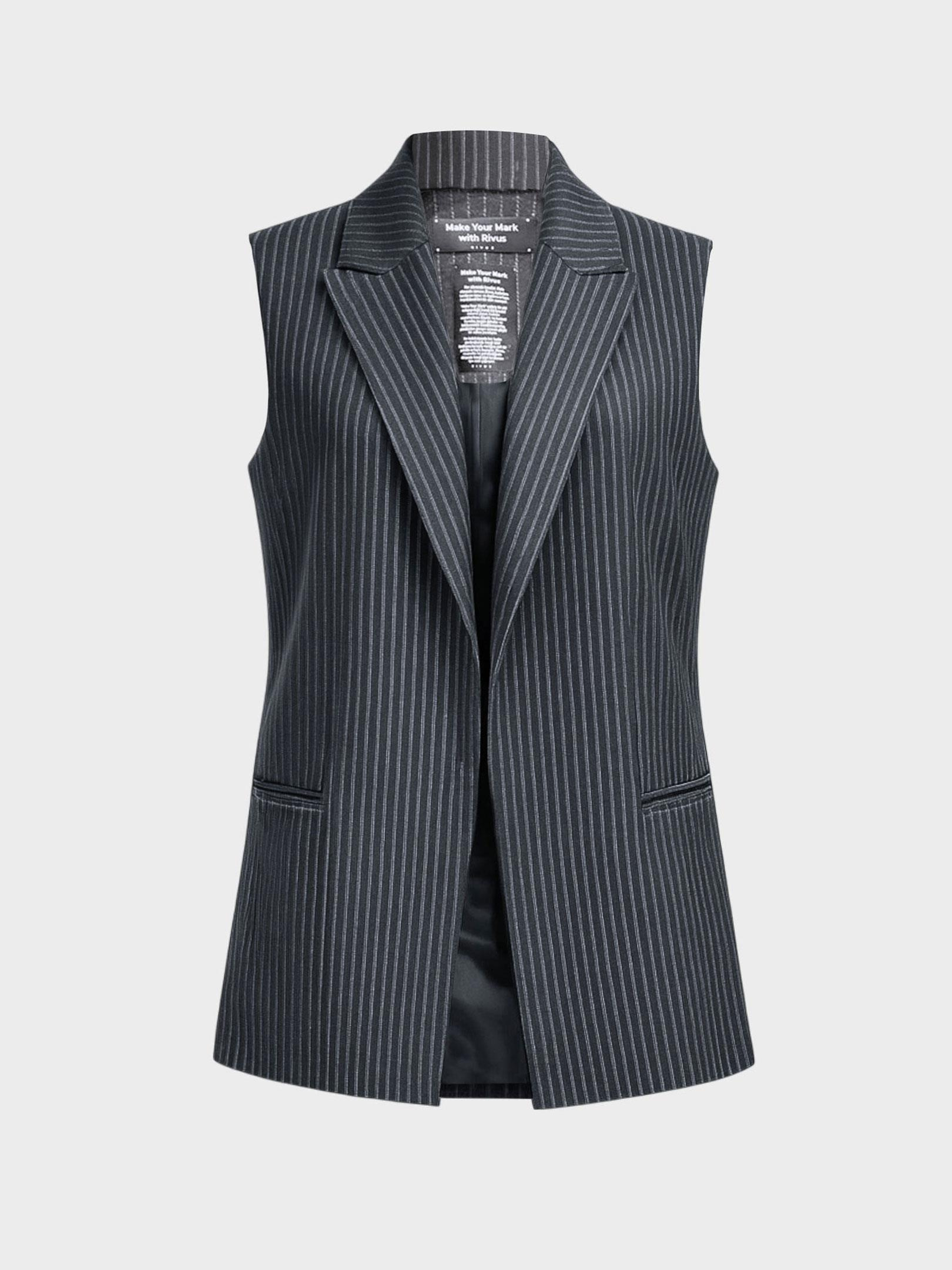 Kadın, Bayan Uzun Blazer Yelek - Gri Çizgili Ceket Modelleri