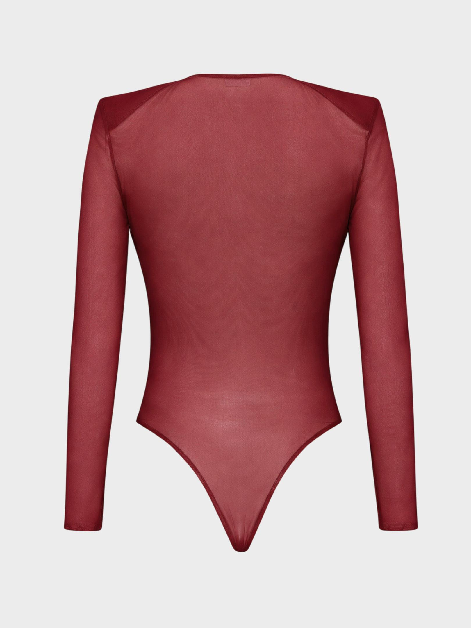 Kadın, Bayan V Yakalı Büzgülü Uzun Kollu Transparan Tül Body - Bordo Body Modelleri