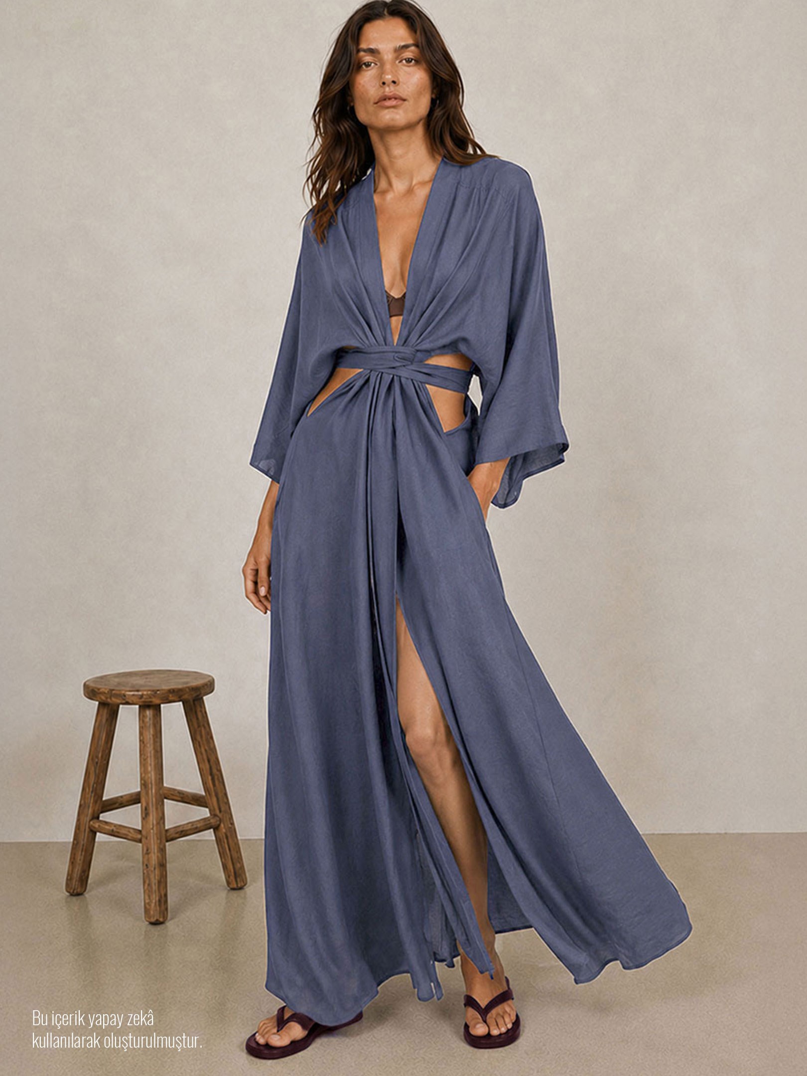 Kadın, Beli Bağlama Detaylı Keten Kimono - İndigo Rivus