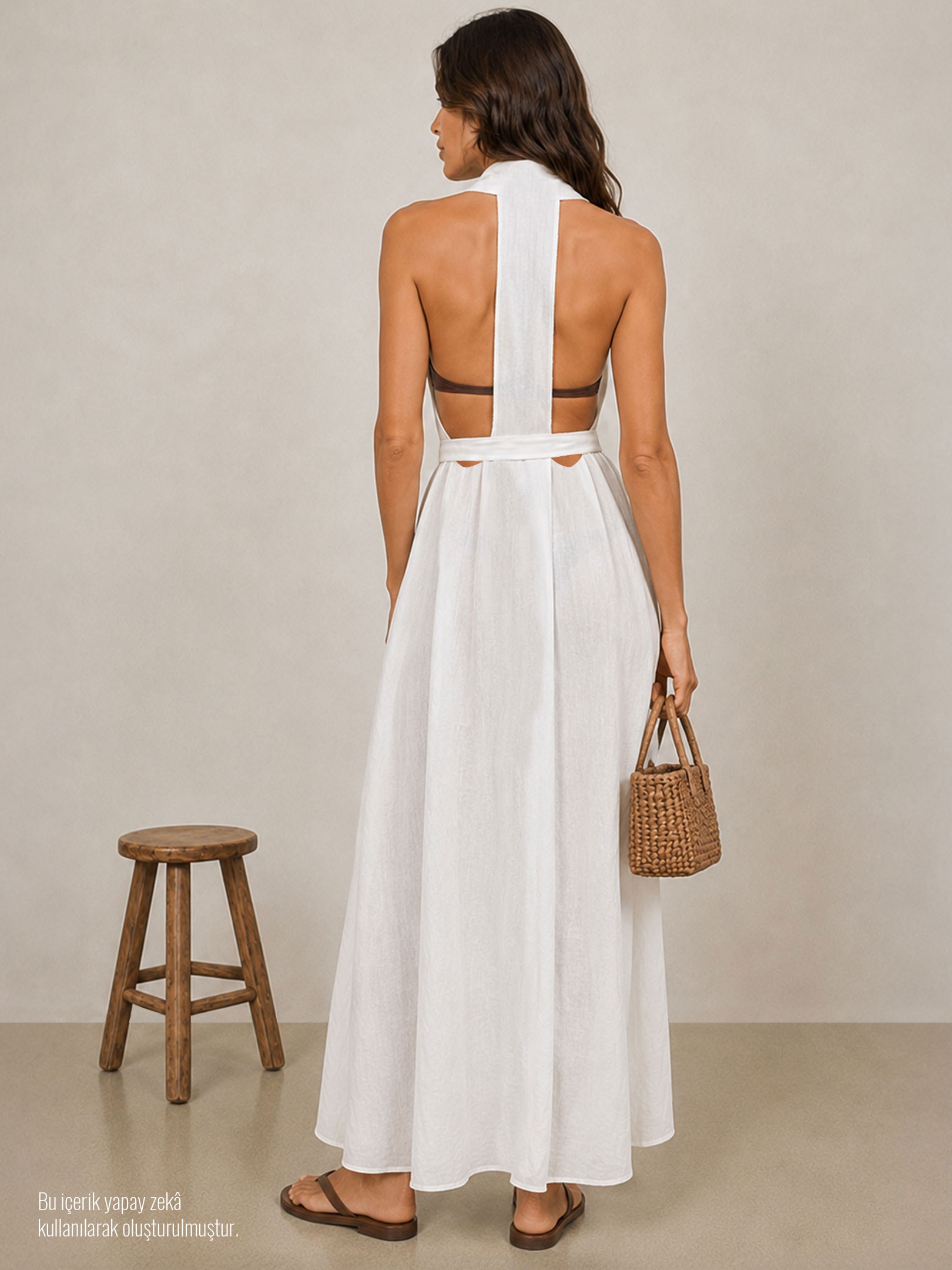 Kadın, Halter Askı Detaylı Keten Kimono - Beyaz Rivus