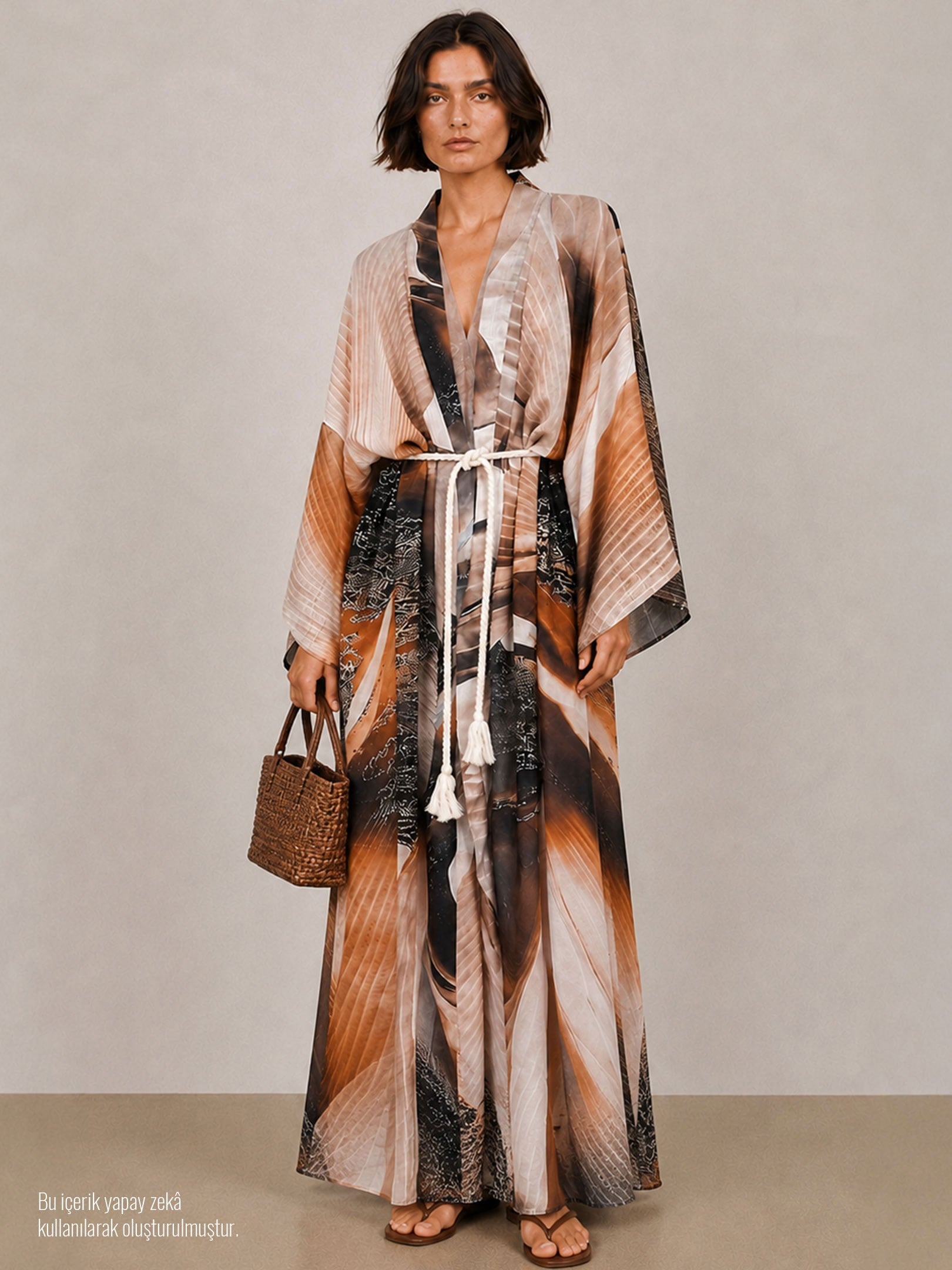 Kadın, Kuşak Detaylı  Çöl Orkidesi Kimono - Desenli Rivus