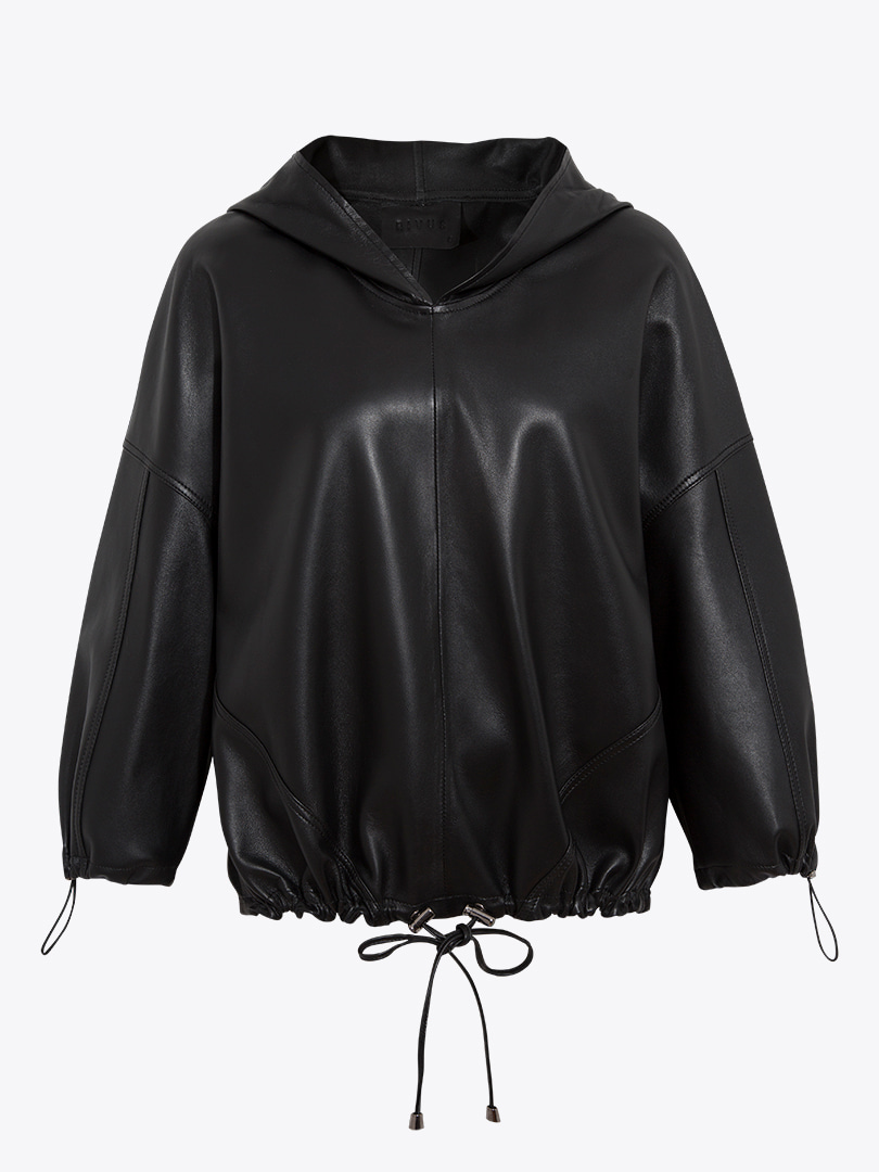 Kapüşonlu Deri Sweatshirt - Siyah