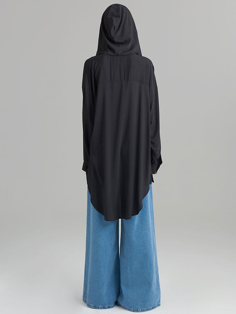 Kapüşonlu Oversize Gömlek - Siyah