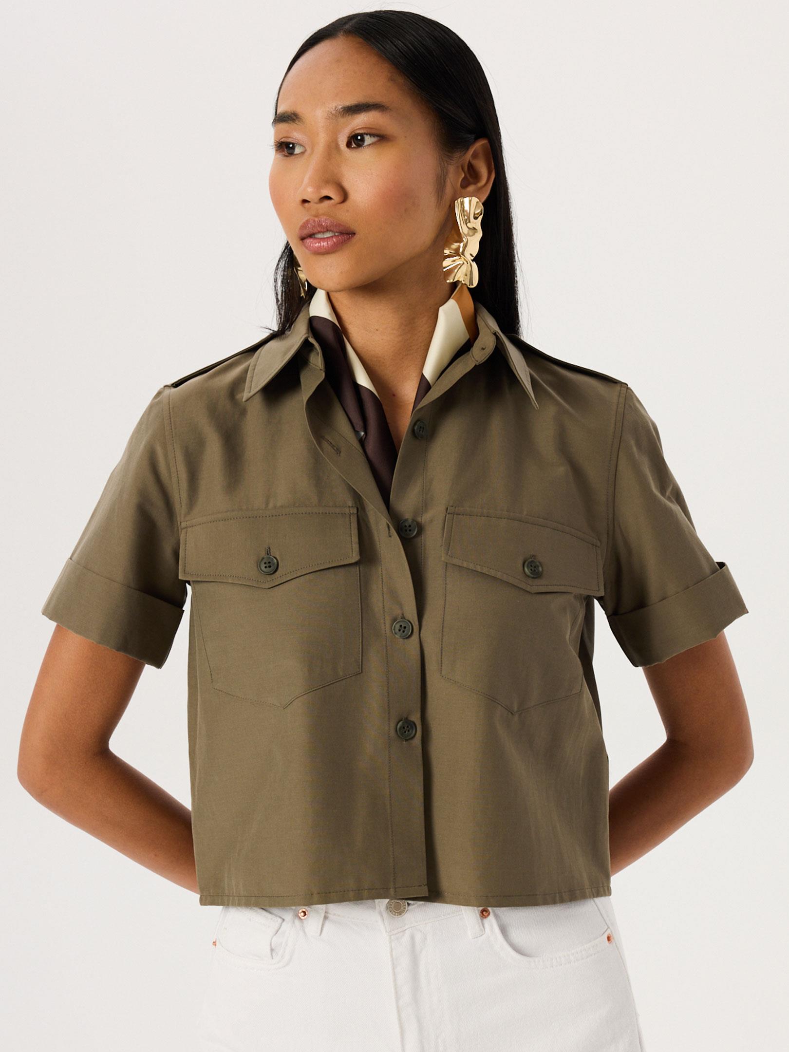 Kısa Kol Düğme Detaylı Gömlek-Haki Gömlek Modelleri