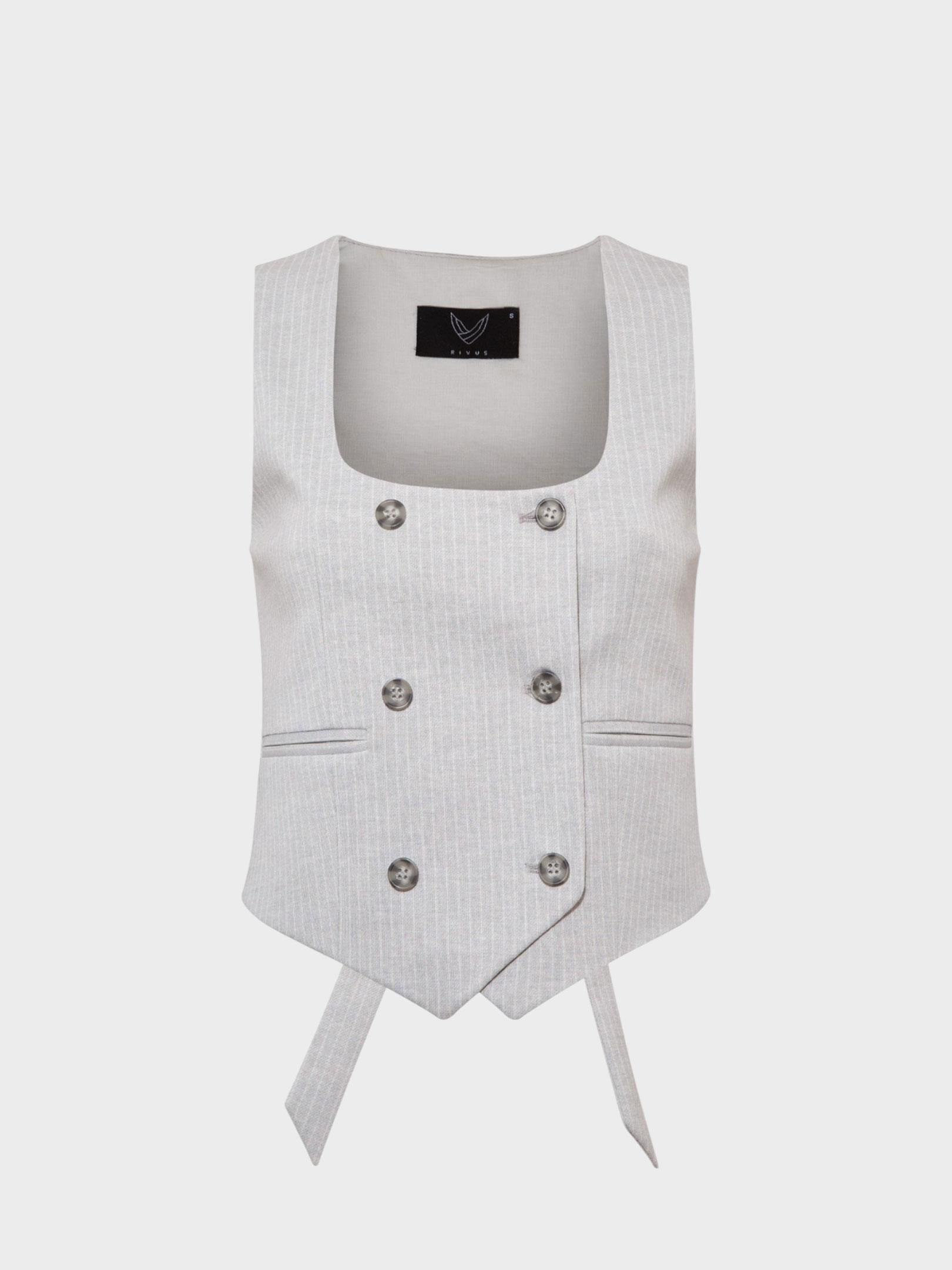 Kruvaze Düğmeli Gri Çizgili Yelek Kategorisiz Modelleri