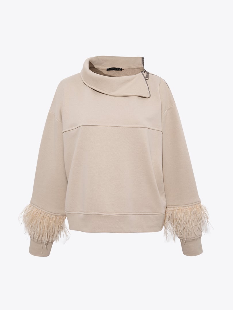 Kuş Tüylü Sweatshirt - Bej