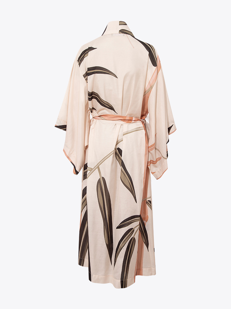 Kuşaklı Rahat Kesim Uzun Kimono - Bej Desenli