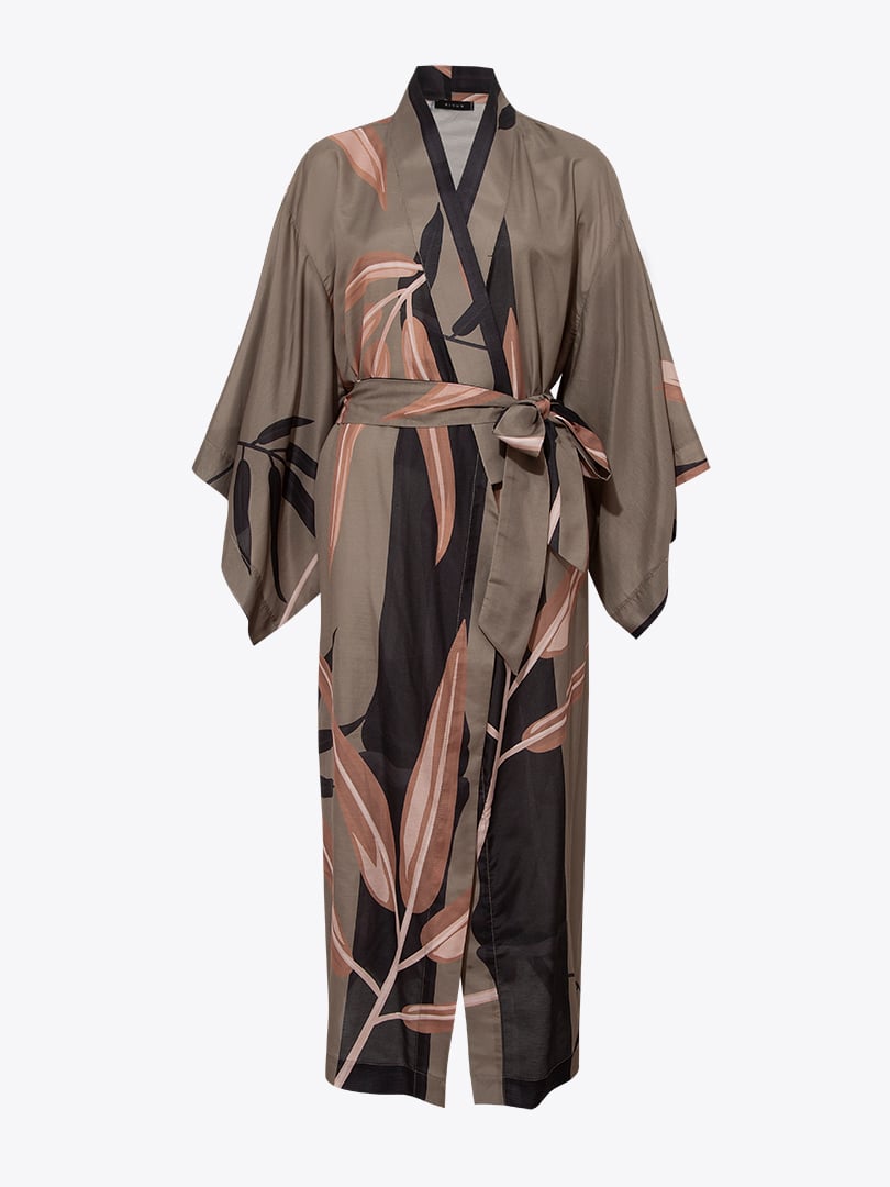 Kuşaklı Rahat Kesim Uzun Kimono - Haki Desenli