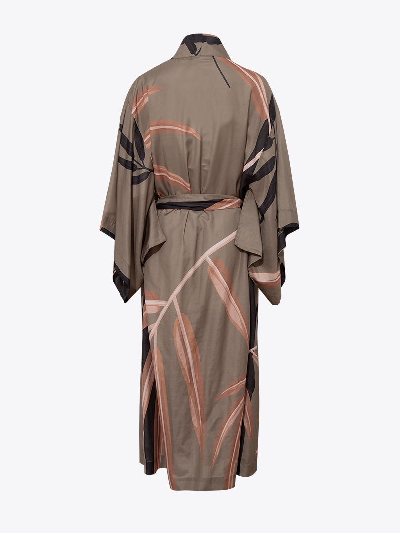 Kuşaklı Rahat Kesim Uzun Kimono - Haki Desenli