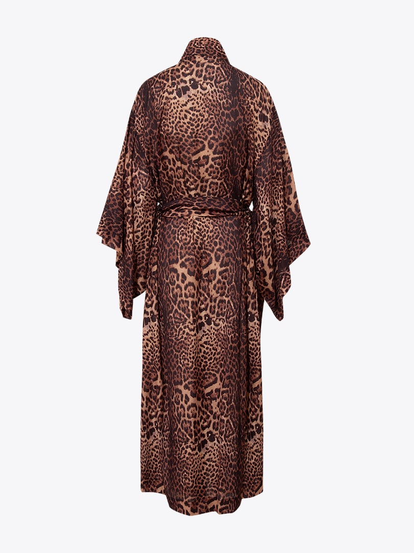 Kuşaklı Rahat Kesim Uzun Kimono - Leopar Desenli