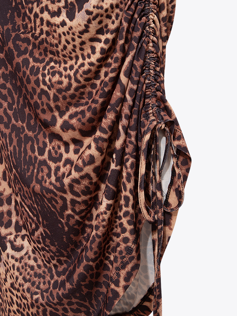 Leopar Desen Yandan Ayarlanabilir Tünel Büzgülü Tek Omuz Drape Elbise - Leopar Desenli