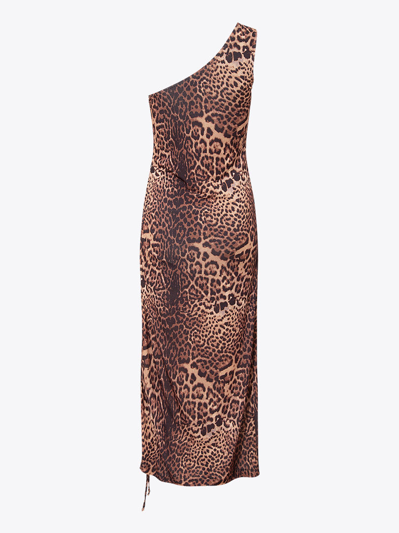 Leopar Desen Yandan Ayarlanabilir Tünel Büzgülü Tek Omuz Drape Elbise - Leopar Desenli