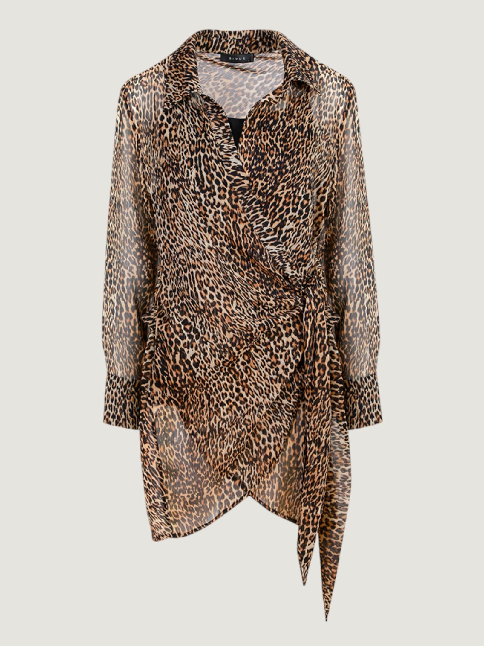 Leopar Desenli Bağlama Detaylı Şifon Elbise - Leopar Elbise Modelleri