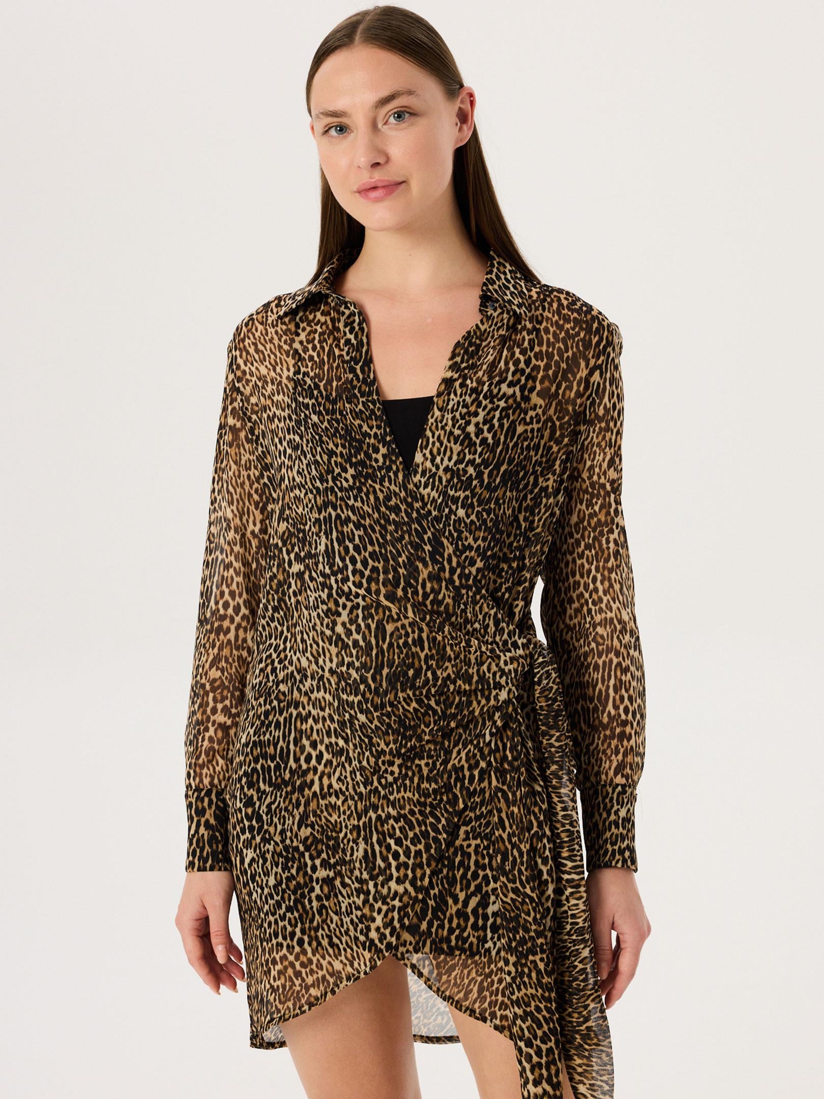Leopar Desenli Bağlama Detaylı Şifon Elbise - Leopar Elbise Modelleri
