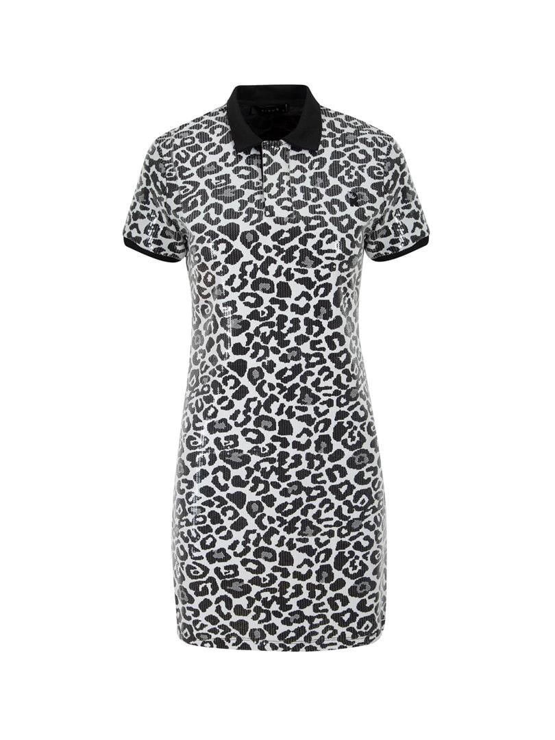 Leopar Payetli Polo Yaka Mini Elbise - Leopar Desenli