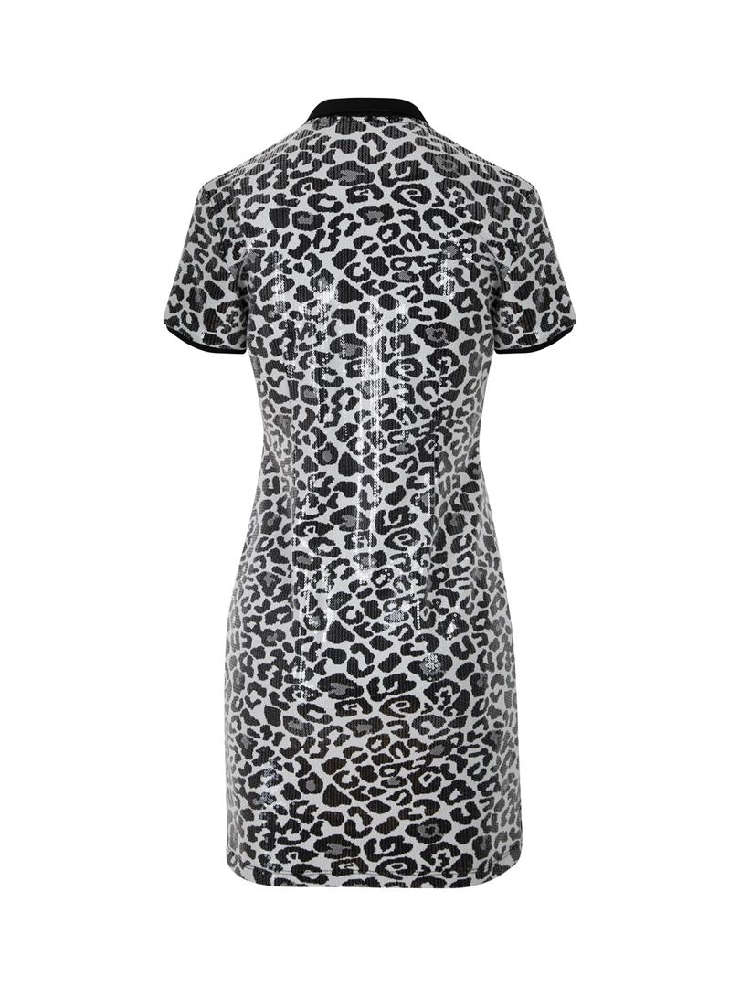 Leopar Payetli Polo Yaka Mini Elbise - Leopar Desenli