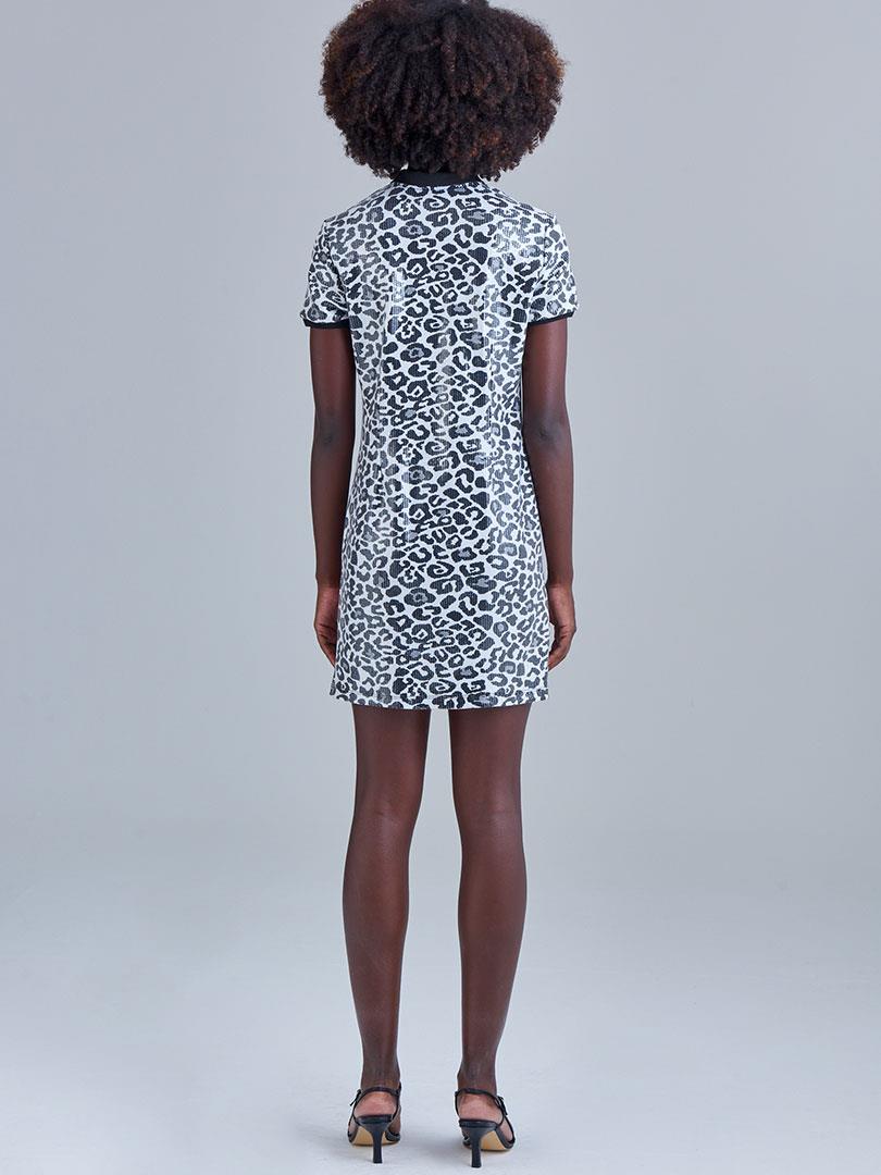 Leopar Payetli Polo Yaka Mini Elbise - Leopar Desenli