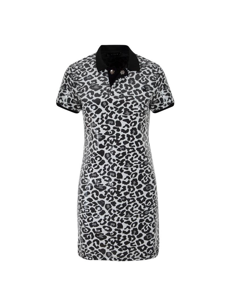 Leopar Payetli Polo Yaka Mini Elbise - Leopar Desenli