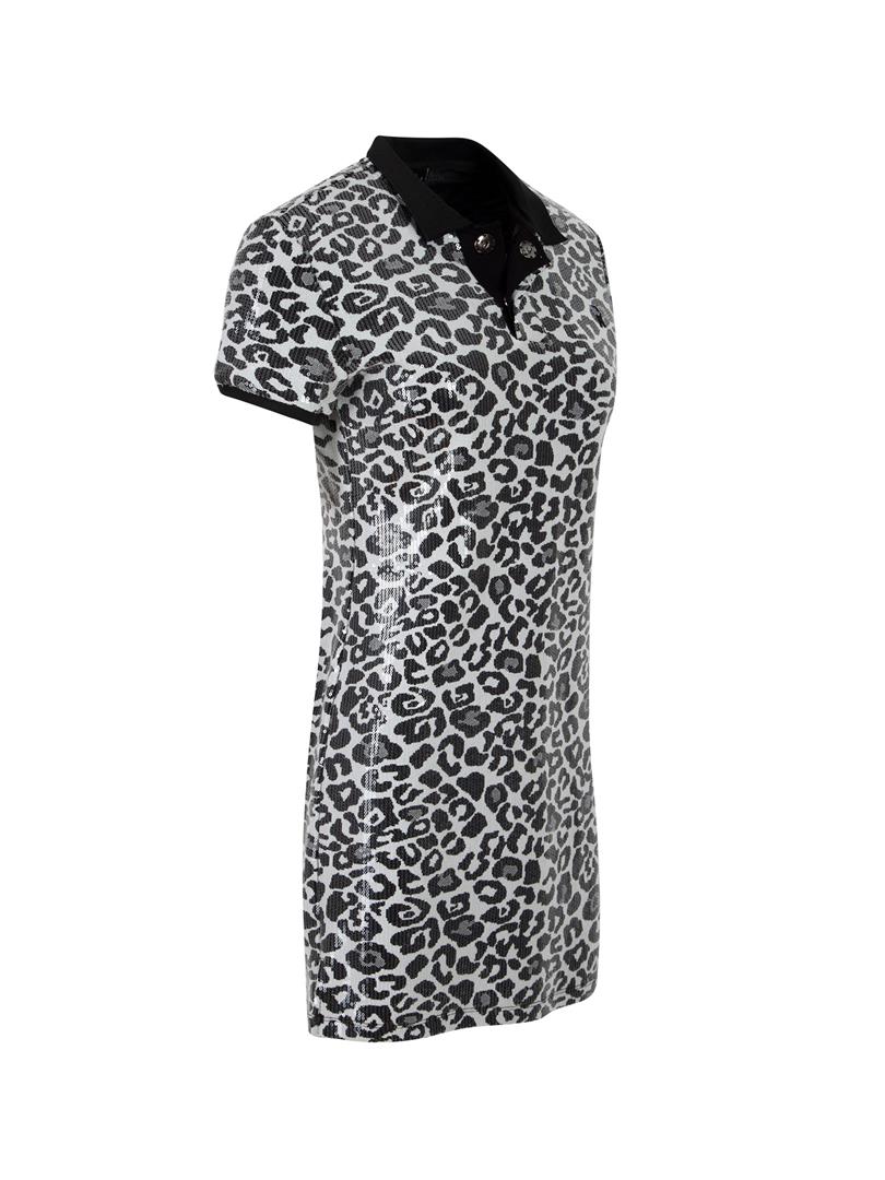 Leopar Payetli Polo Yaka Mini Elbise - Leopar Desenli