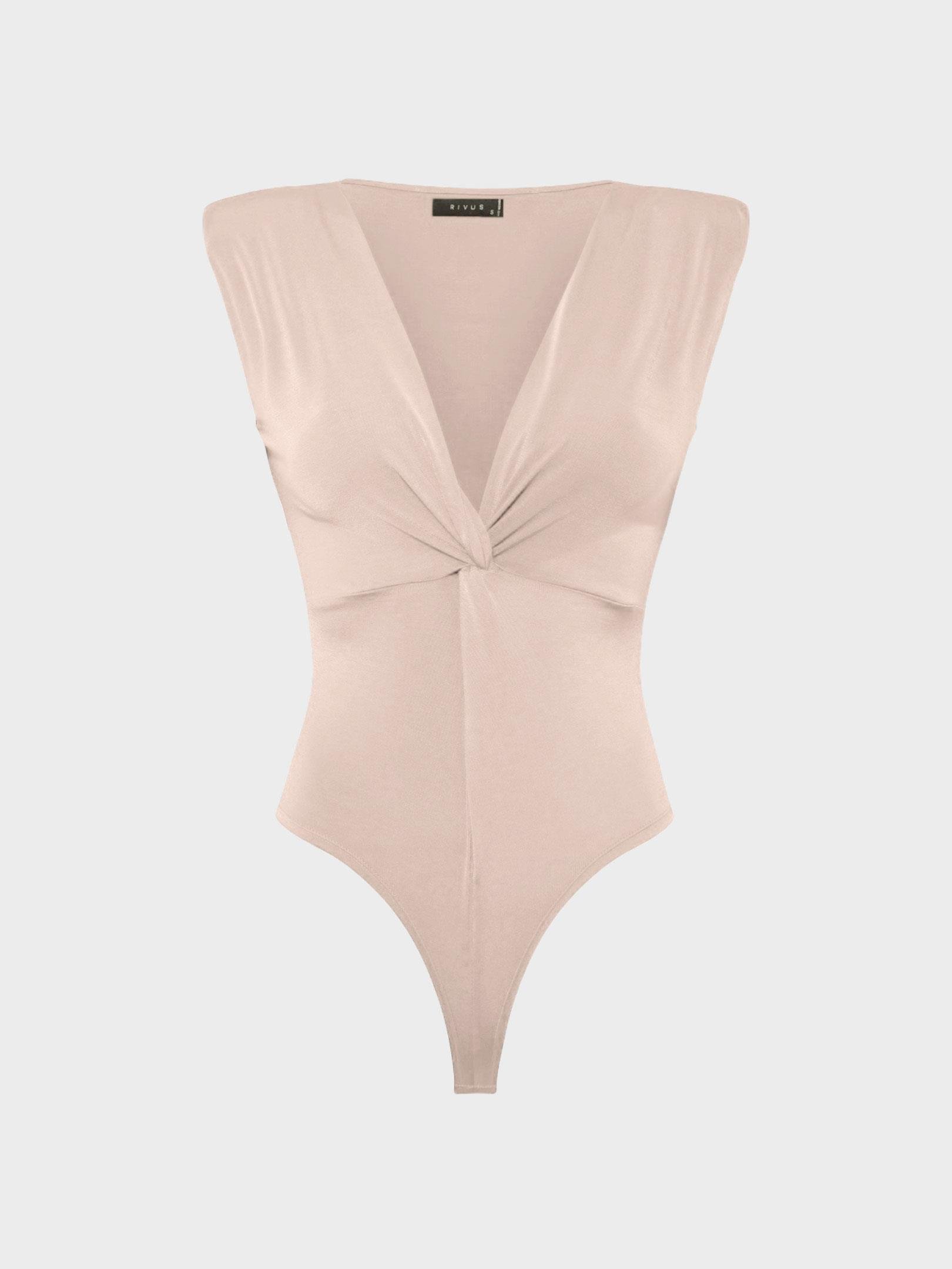 Önü Burgu ve Omuzları Vatka Detaylı Kolsuz İkonik Body - Bej Body Modelleri