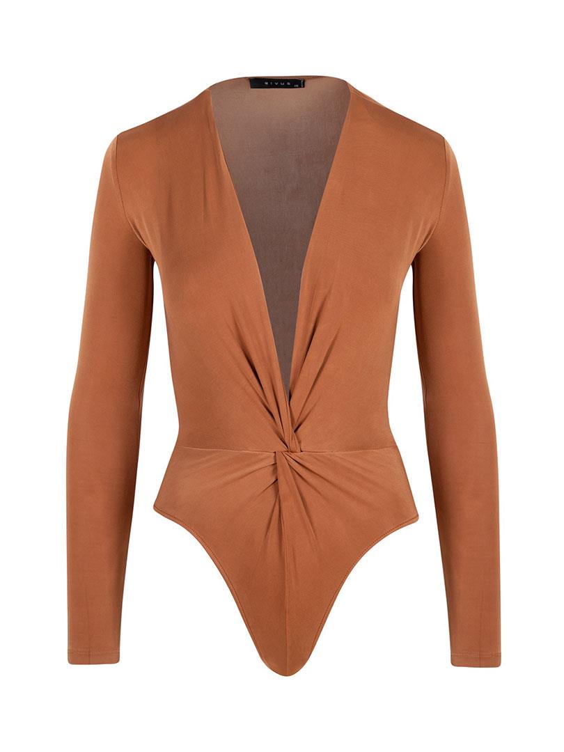 Önü Burgulu Alttan Çıtçıtlı Uzun Kollu İkonik Body - Taba Body & Bluz Modelleri