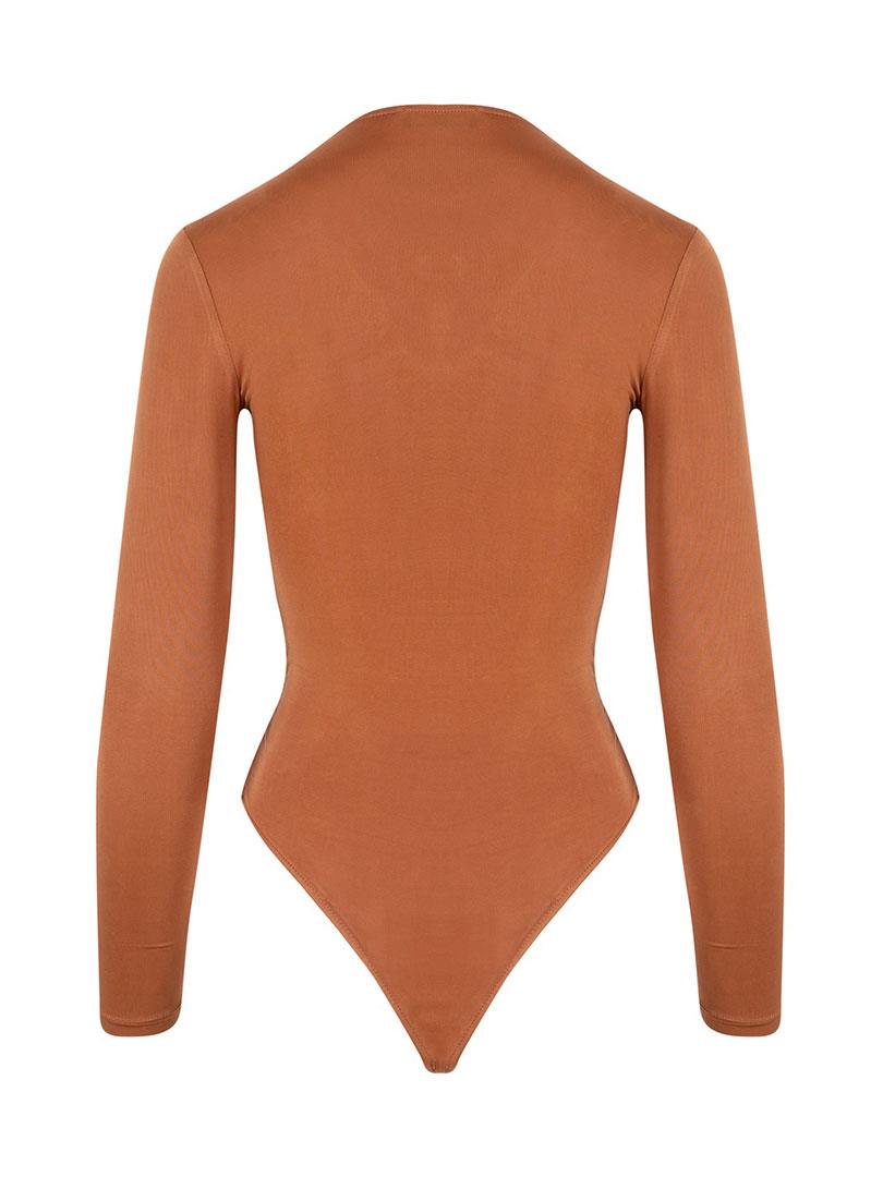 Önü Burgulu Alttan Çıtçıtlı Uzun Kollu İkonik Body - Taba Body & Bluz Modelleri