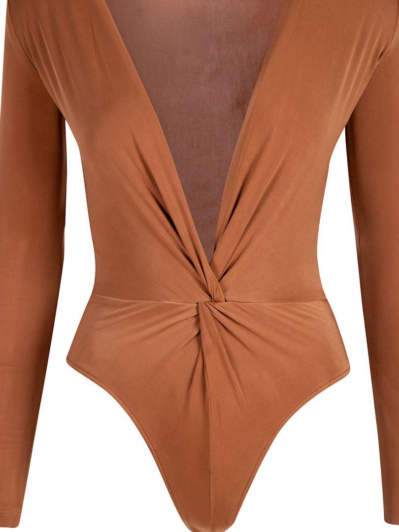 Önü Burgulu Alttan Çıtçıtlı Uzun Kollu İkonik Body - Taba Body & Bluz Modelleri