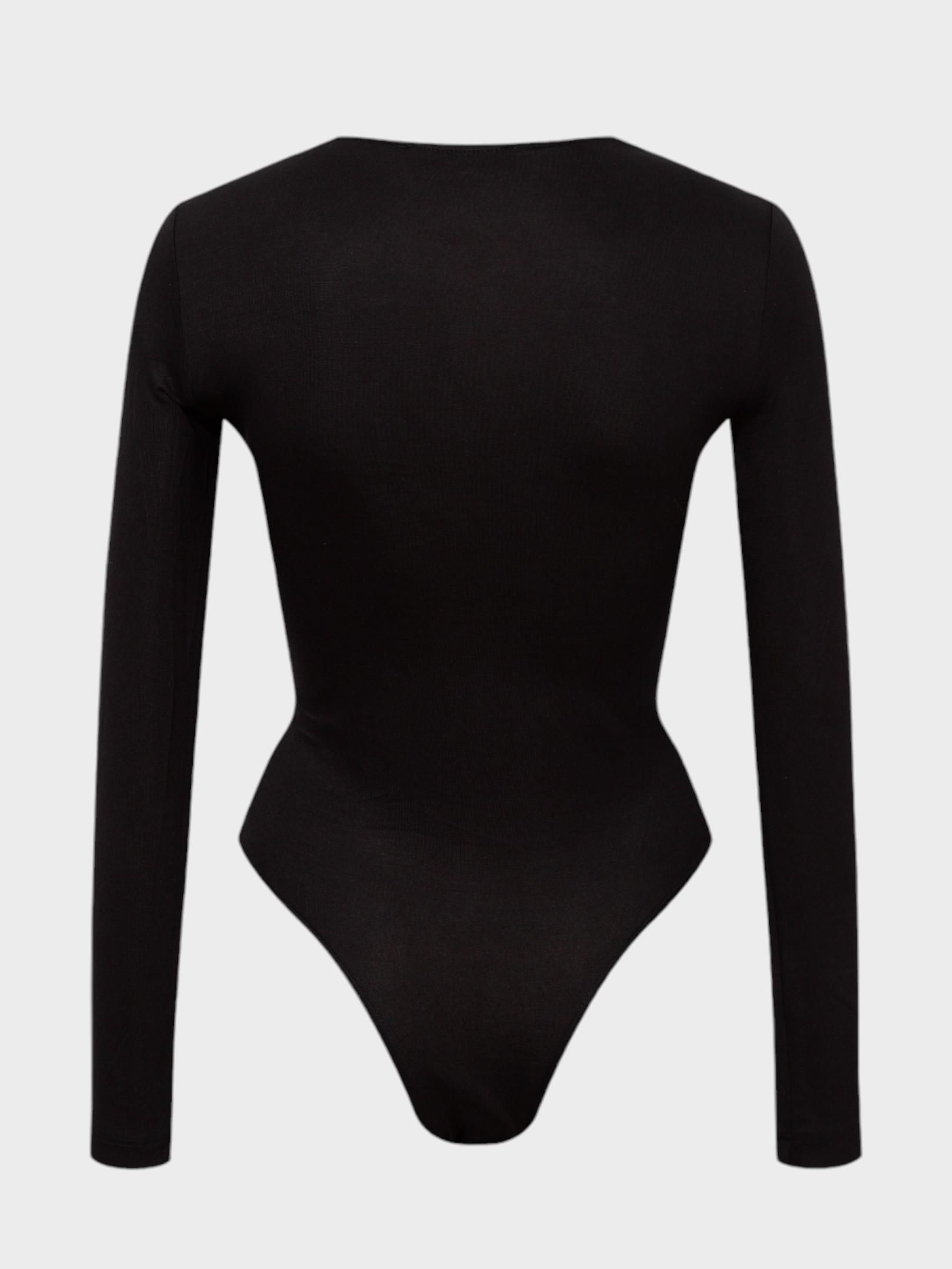 Önü Burgulu Uzun Kollu V Yakalı Body - Siyah Body Modelleri