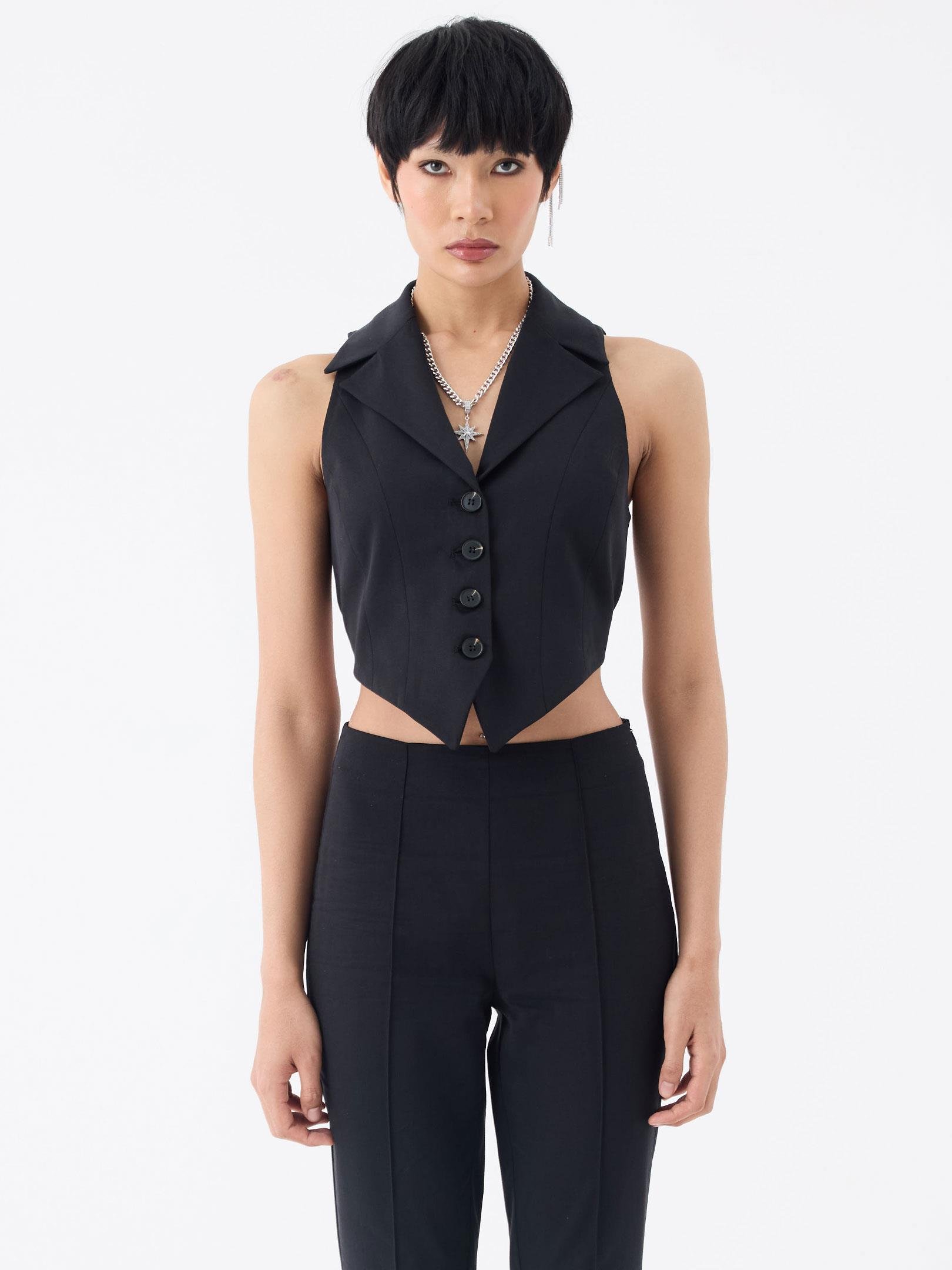 Önü Düğmeli Bel Dekolteli Arkadan Bağlama Detaylı Yelek - Siyah Yelek Modelleri