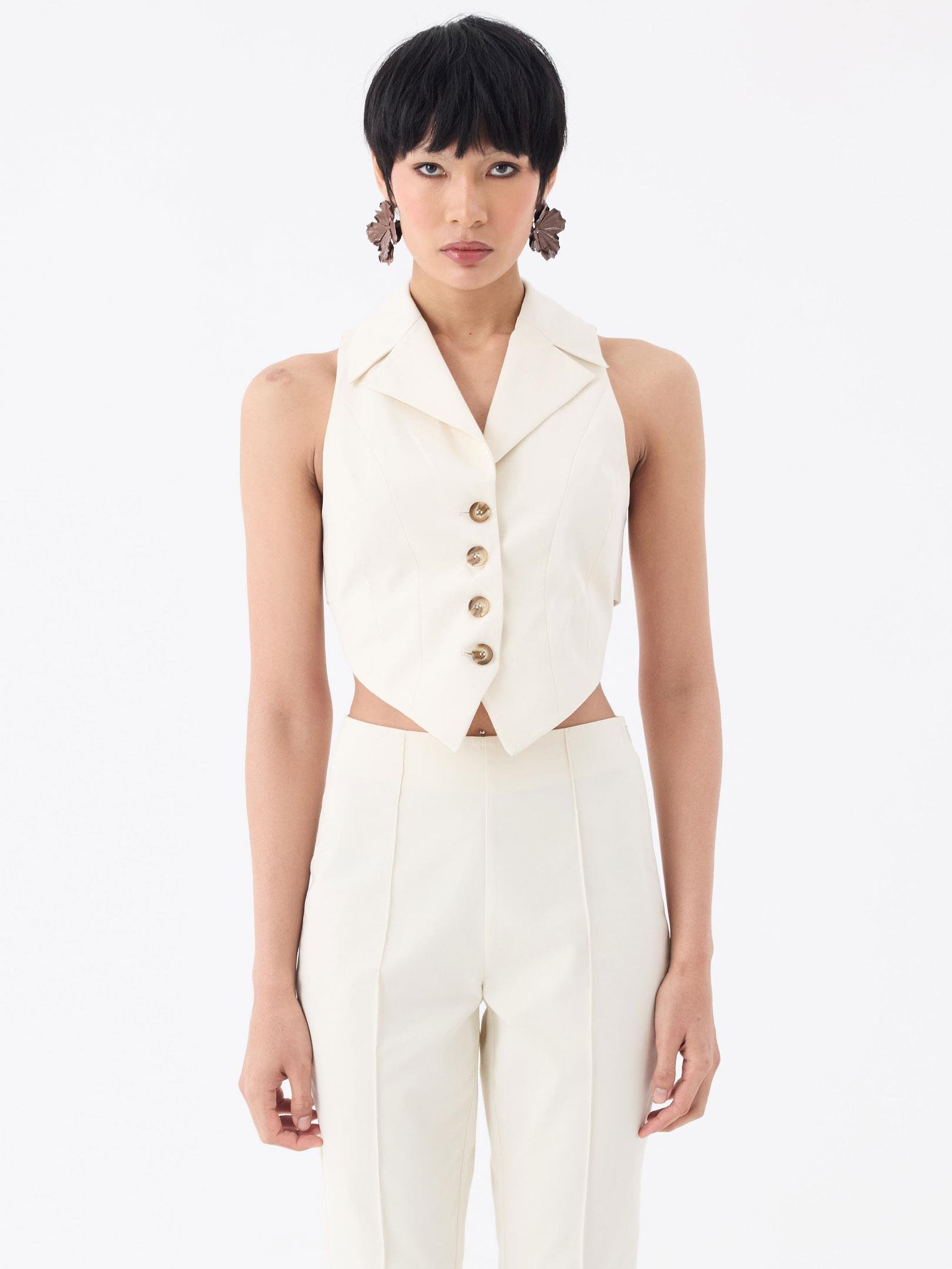 Önü Düğmeli Bel Dekolteli Arkadan Bağlama Detaylı Yelek - Ekru Yelek Modelleri