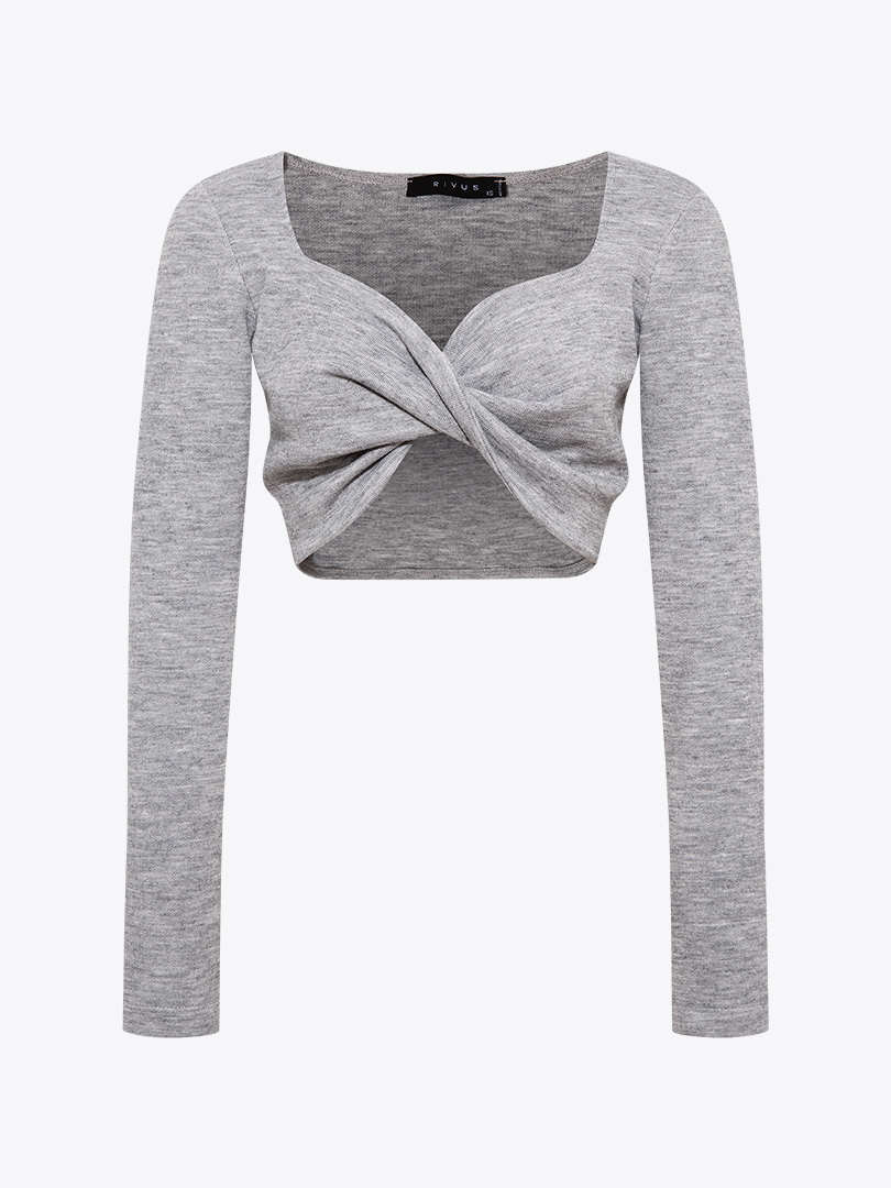 Önü Düğüm Detaylı Örme Crop - Gri