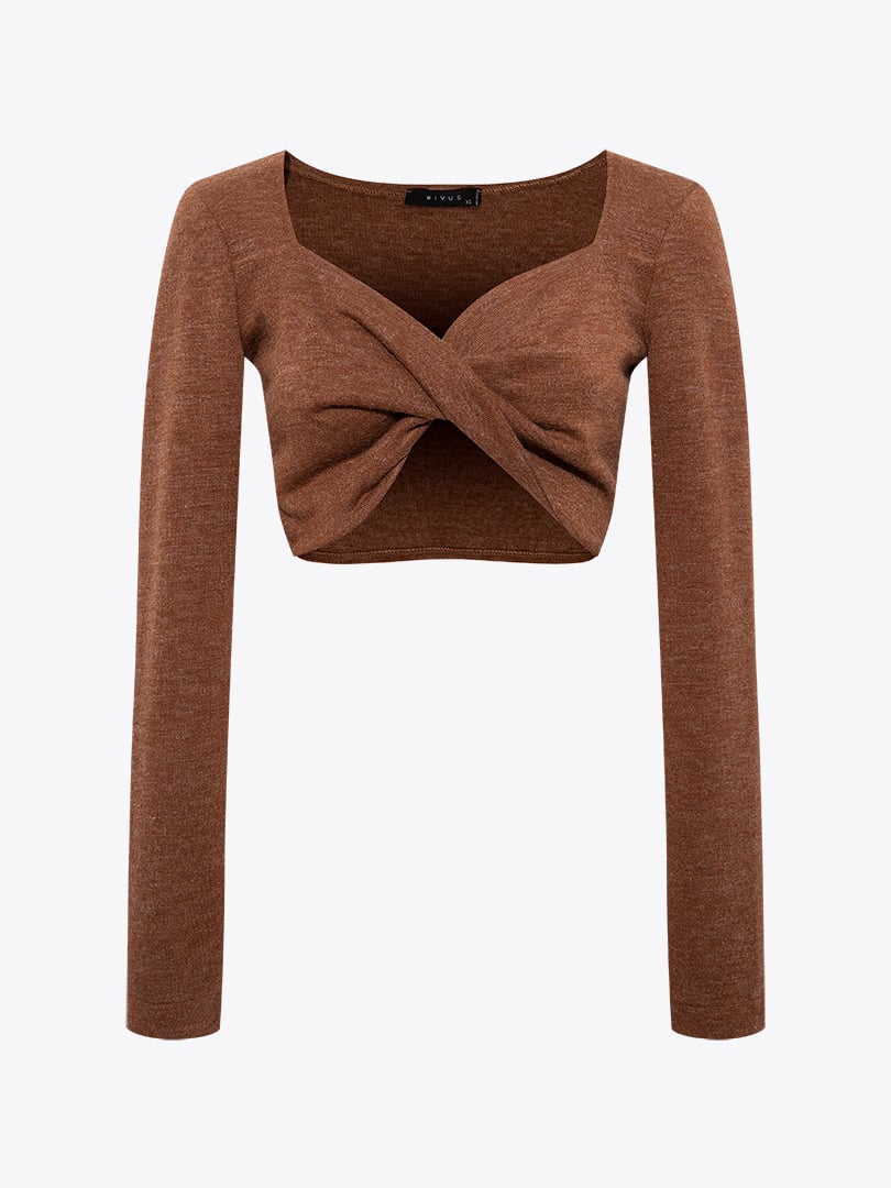 Önü Düğüm Detaylı Örme Crop - Tarçın