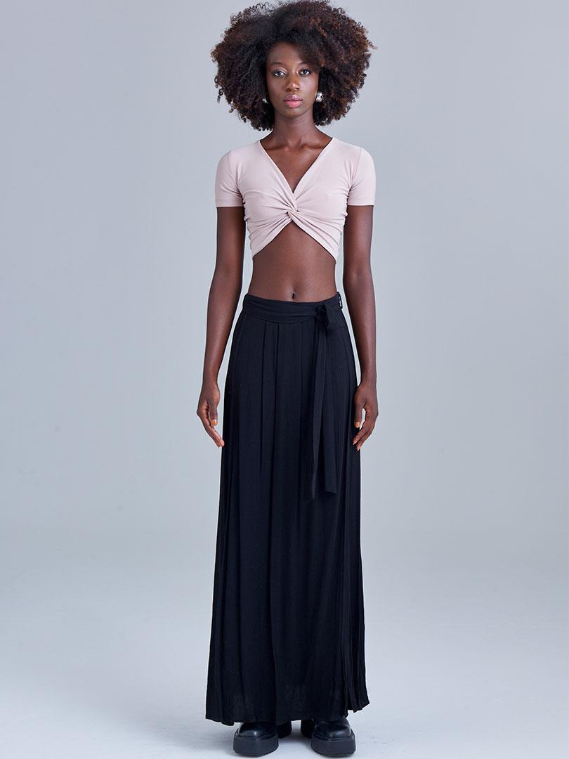 Önü Düğümlü Kısa Kollu Crop Bluz - Bej